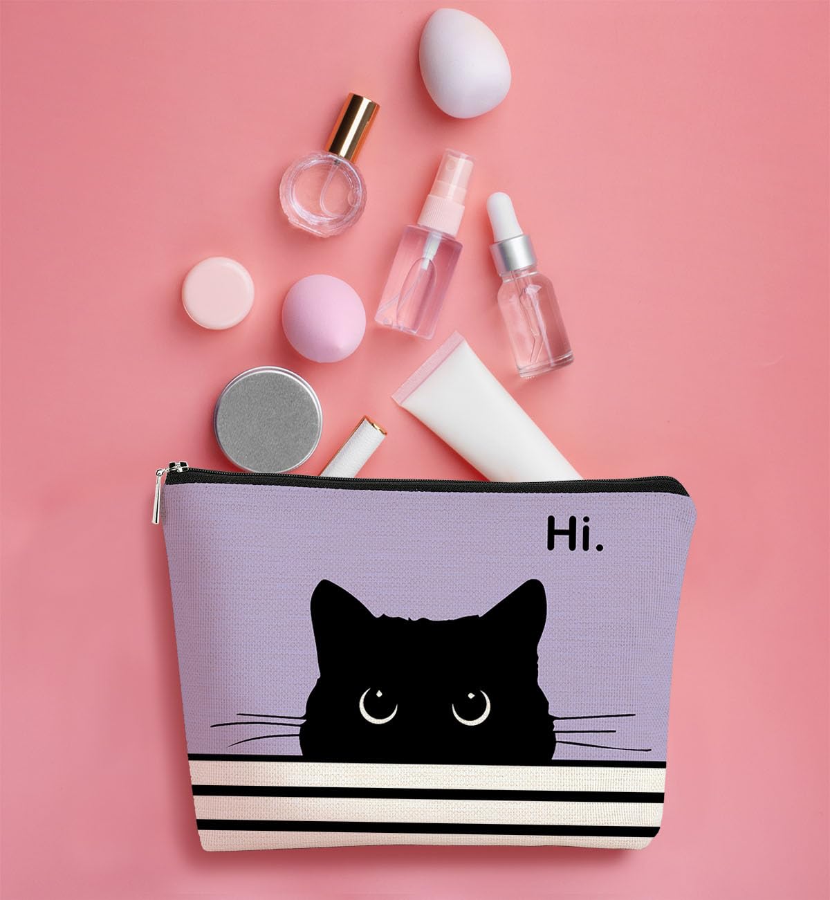 Stylish Purple Cat Makeup Bag - Cute Cosmetic Pouch for Women & Teen Girls | Perfect Gift for Cat Lovers, Cat Owners & Cat Ladies | Great for Travel, Daily Use & Birthday Presents (Black Cat Design)