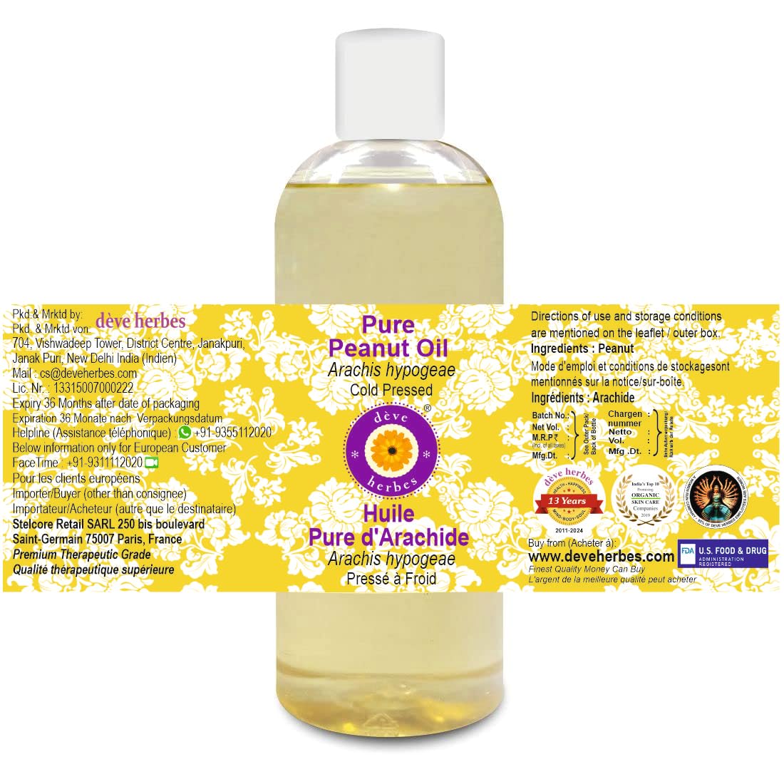Deve Herbes 100% Pure Cold Pressed Peanut Oil (Arachis hypogaea) 200ml - Natural Therapeutic Grade for Cooking, Massage & Skin Care
