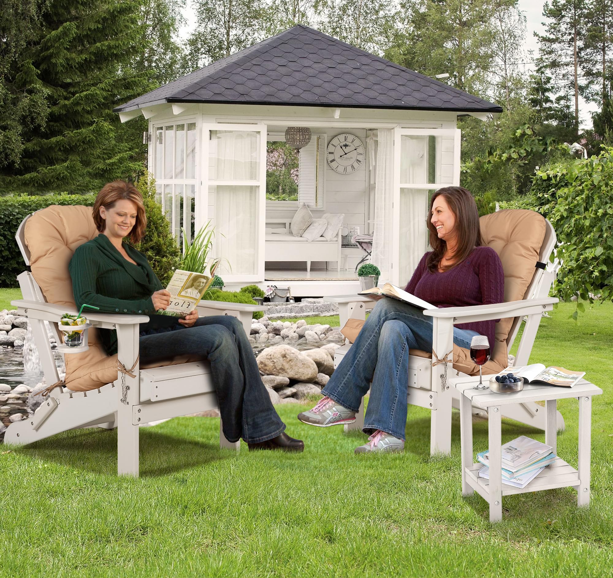 Nalone 2-Pack Folding Adirondack Chairs with Cushions & Cup Holders - HDPE Plastic Oversized Patio Chairs, Weather-Resistant Outdoor Furniture for Garden, Deck, Fire Pit, Camping & Backyard Relaxation (White)
