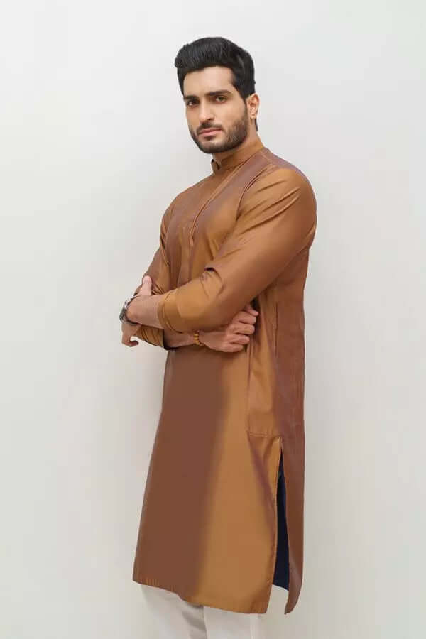 Stylish Blueish Purple and Brown Kurta with White Pyjama Set - Comfortable Ethnic Outfit for Festivals, Parties & Casual Wear