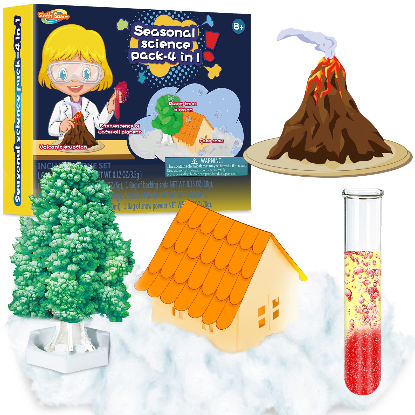 STEM Science Kit for Kids Ages 8-12 - 4 Exciting Experiments: Volcano Eruption, Crystal Tree Growing, Fake Snow Making & Water-Oil Pigment Reaction - Educational DIY Learning Toys | Perfect for Birthday Gifts, Classroom Activities & Homeschool Science Projects
