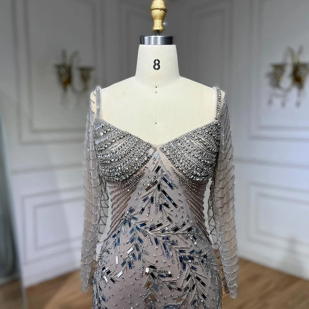 Elegant Arabic Silver Beaded Mermaid Evening Gown for Women - Luxury Dubai Wedding Party Dress 2025 LA72513 | Perfect for Formal Events, Galas & Special Occasions