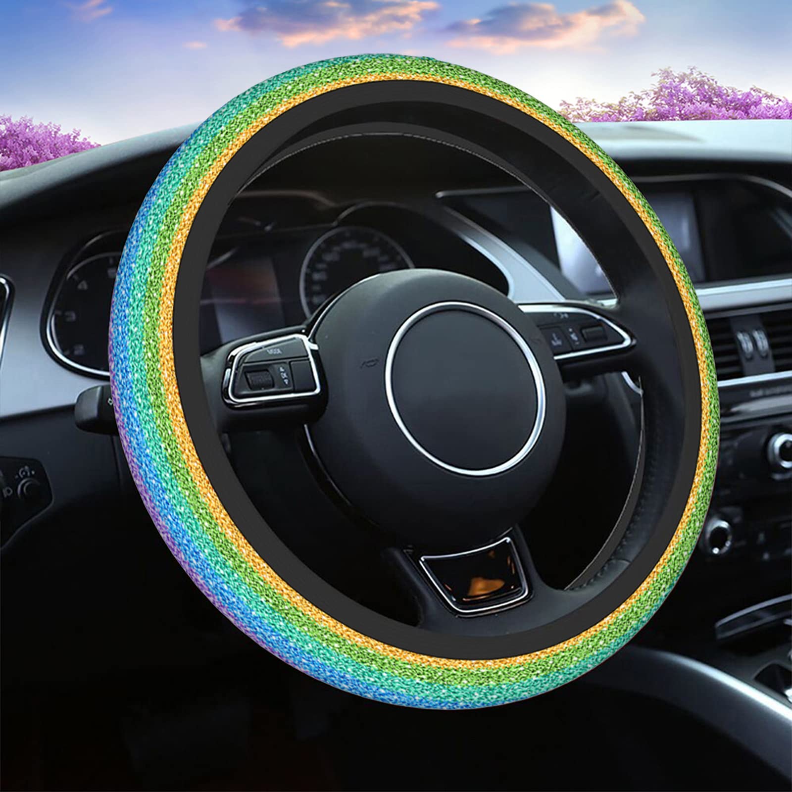Swono Rainbow Glitter Steering Wheel Cover - Non-Slip Neoprene Car Wrap, 15 Inch, Colorful Gradient Sparkle Design for Comfort Grip & Protection | Perfect for Cars, Trucks & SUVs - Adds Style & Safety to Your Daily Commute