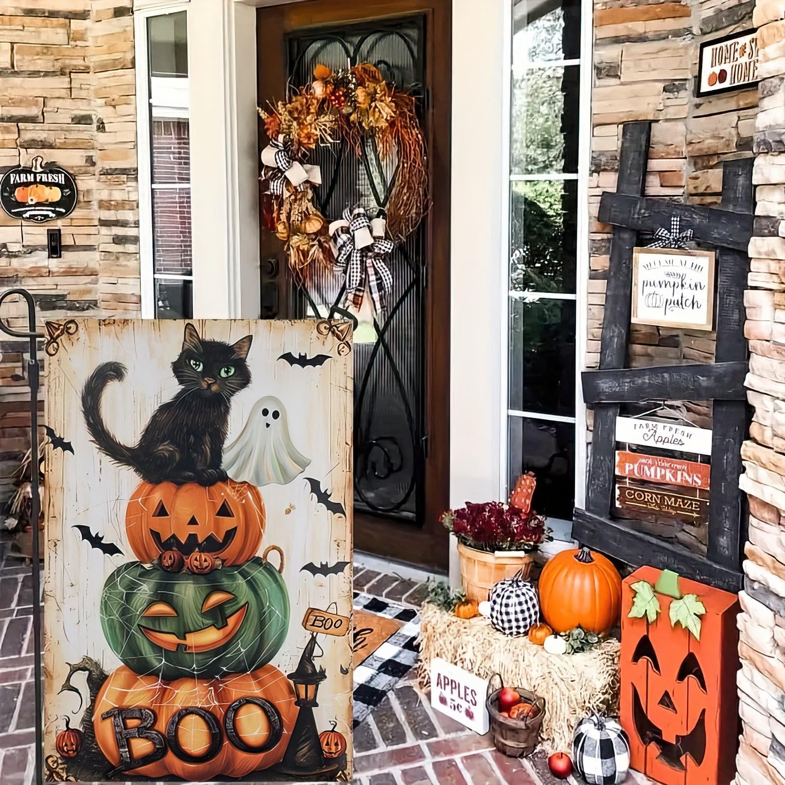 Halloween Black Cat Garden Flag - 12x18 Inch Double Sided Pumpkin & Ghost Cat Design - Outdoor Yard Decor for Halloween, Fall Season, and Spooky Home Decoration - Perfect for Porch, Lawn, and Seasonal Holiday Display