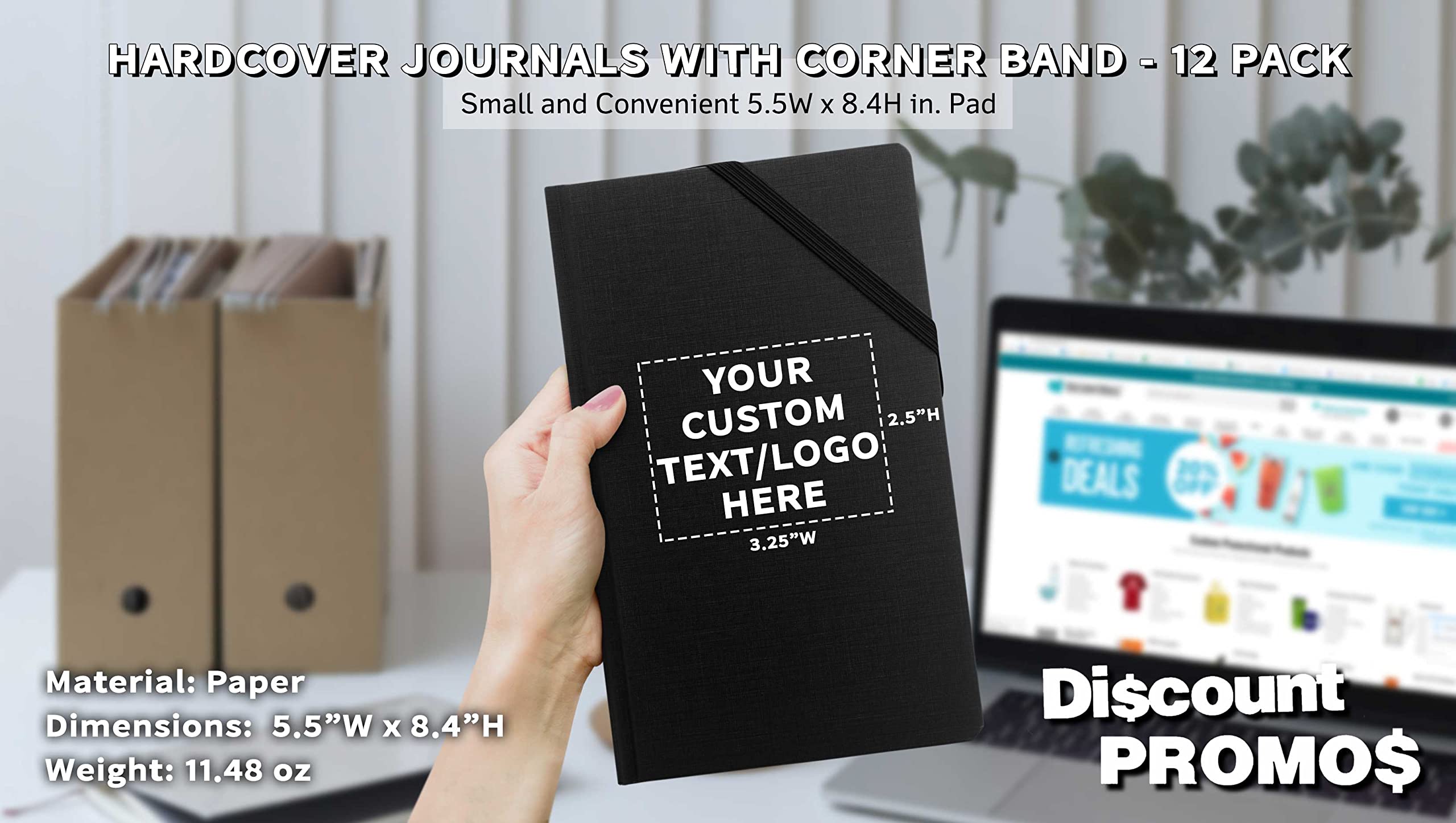 12 Pack Hardcover Journals with Corner Band - Customizable Text & Logo, Elegant Medium Size Notebooks for Writing, Sketching & Note Taking - Perfect for Office, School & Travel - Black