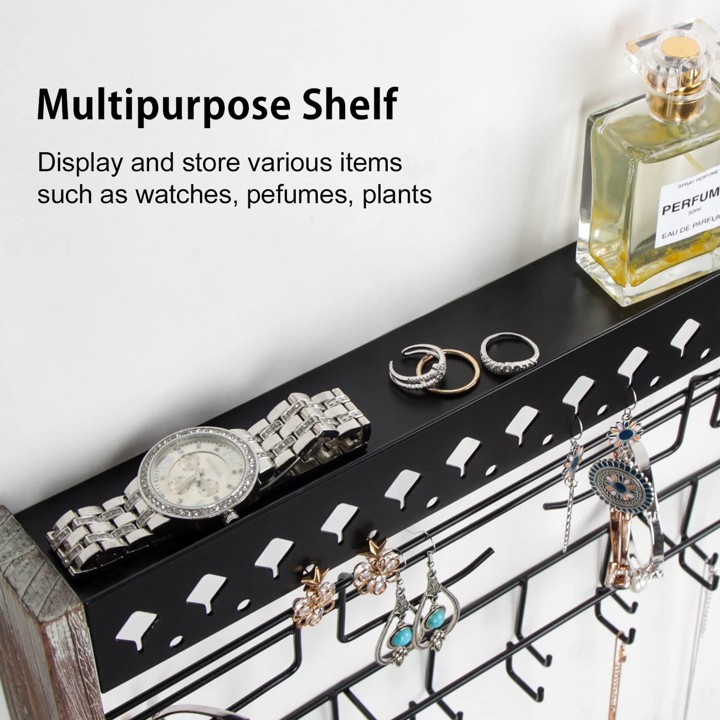 JackCubeDesign MK460A Rustic Wood Wall Mount Jewelry Organizer with Metal Hooks - Perfect for Bedroom, Bathroom & Closet Storage Organization