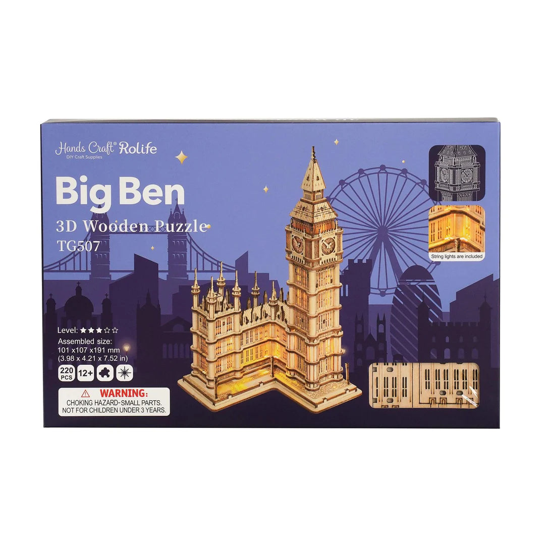 3D Wooden Puzzle Big Ben with LED Lights - DIY Model Kit for Adults & Teens - Home Decor, Gift, or Office Display - Perfect for Relaxation & Stress Relief