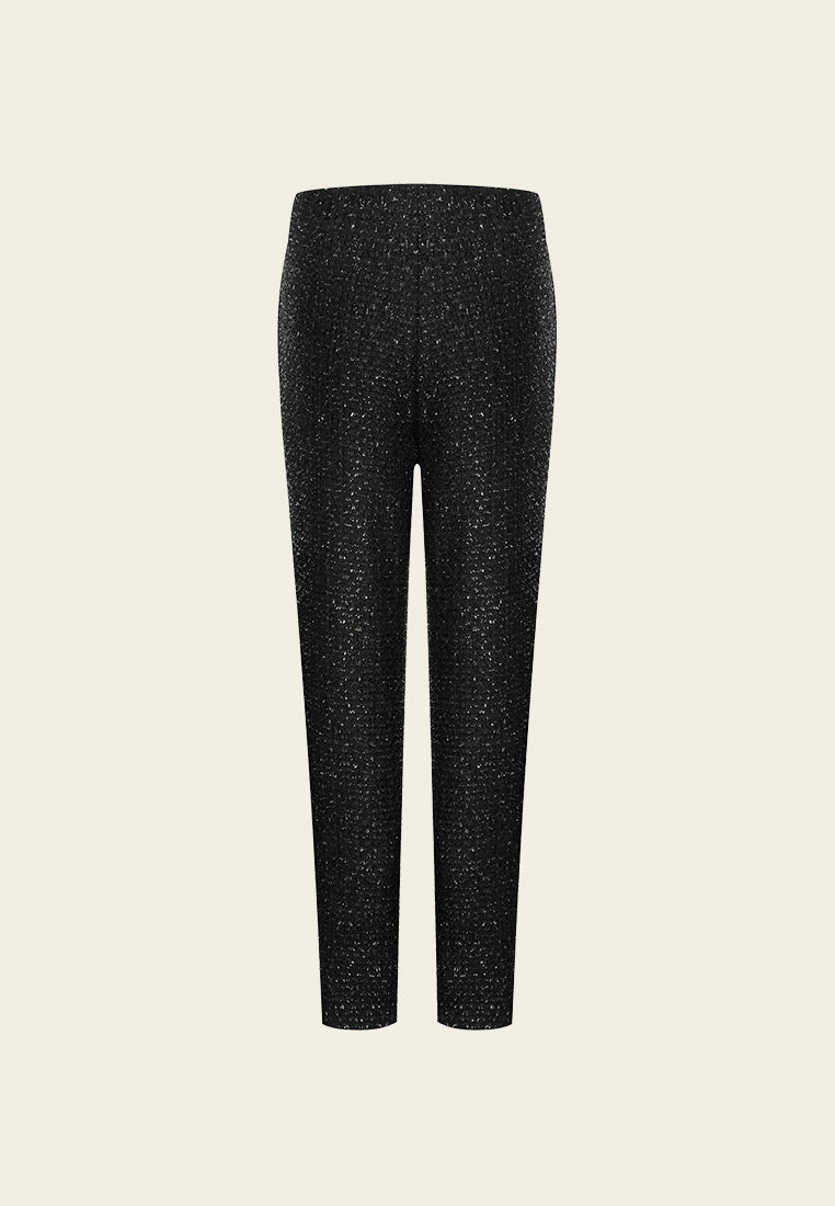 Black Lurex Tweed High Waist Slit Pencil Pants for Women - Elegant Office Work Pants & Night Out Trousers