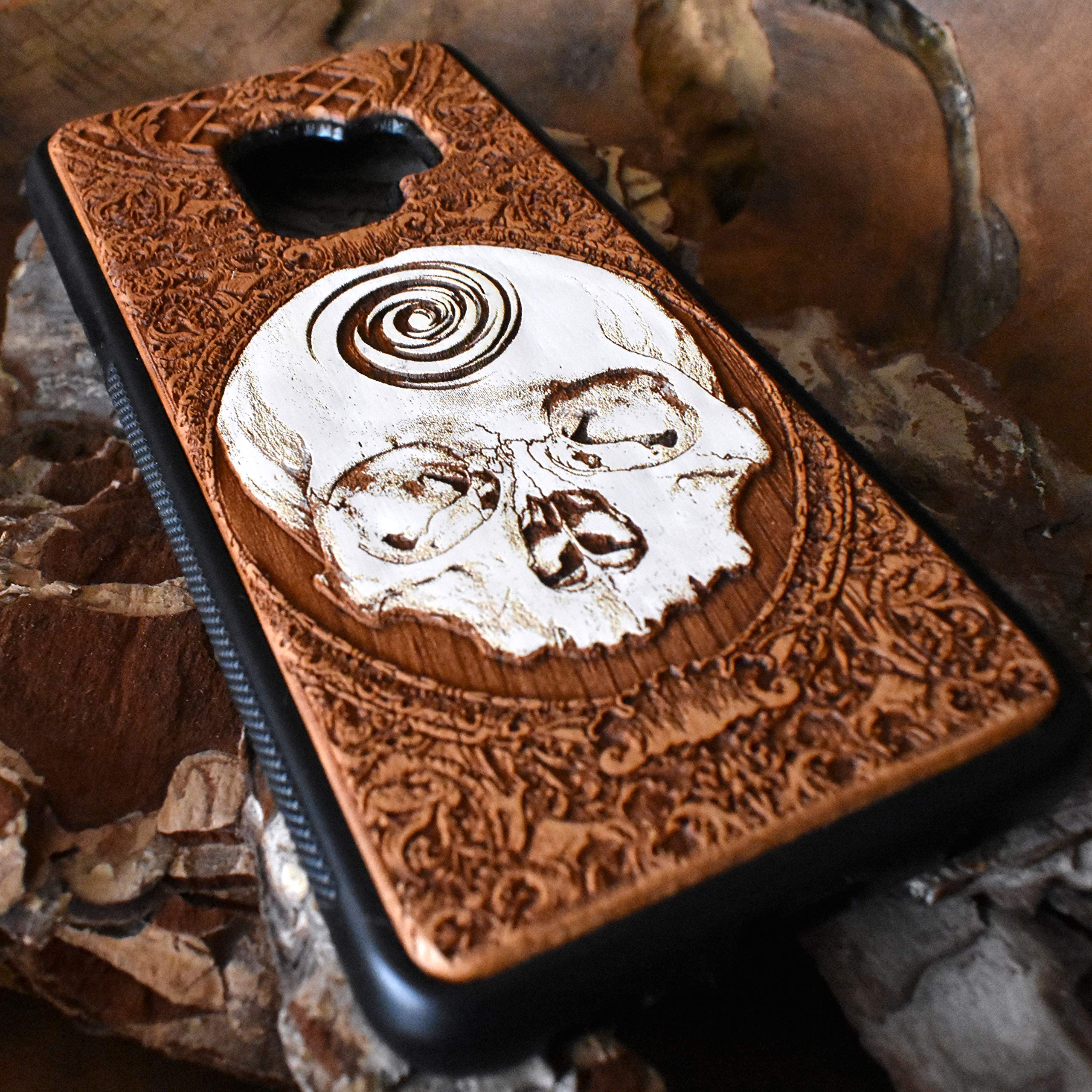 Hand-Painted Skull Laser Engraved Wooden Phone Case for iPhone 16/15/14/13/12/11 Pro Max/Mini & Galaxy S25/S24/S23/S22/S21/S20 Ultra Plus - Eco-Friendly Slim Durable Wood Cover | Perfect for Halloween, Gothic Style & Nature Lovers