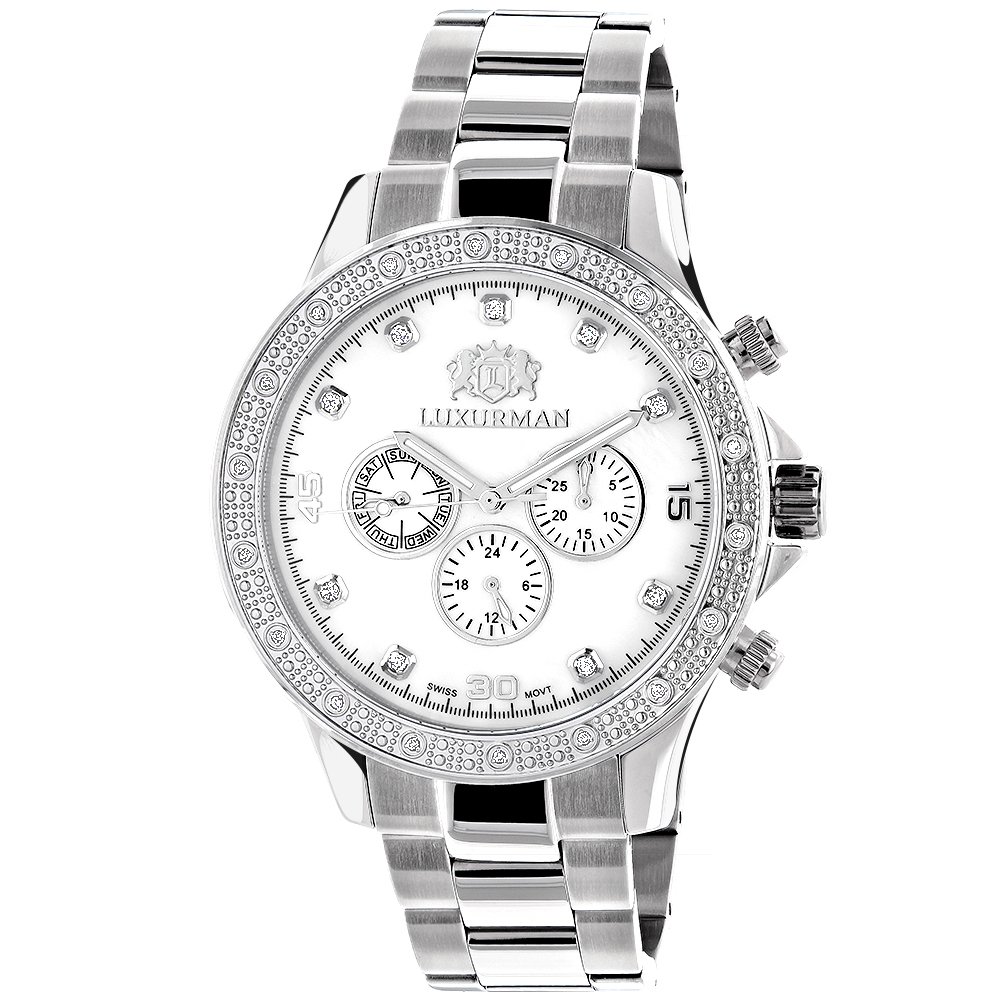 LUXURMAN Men's Luxury Swiss Quartz Watch with 0.2ct Real Diamonds & Stainless Steel Band - White Mother of Pearl Dial - Perfect for Business, Formal Events & Gift Giving