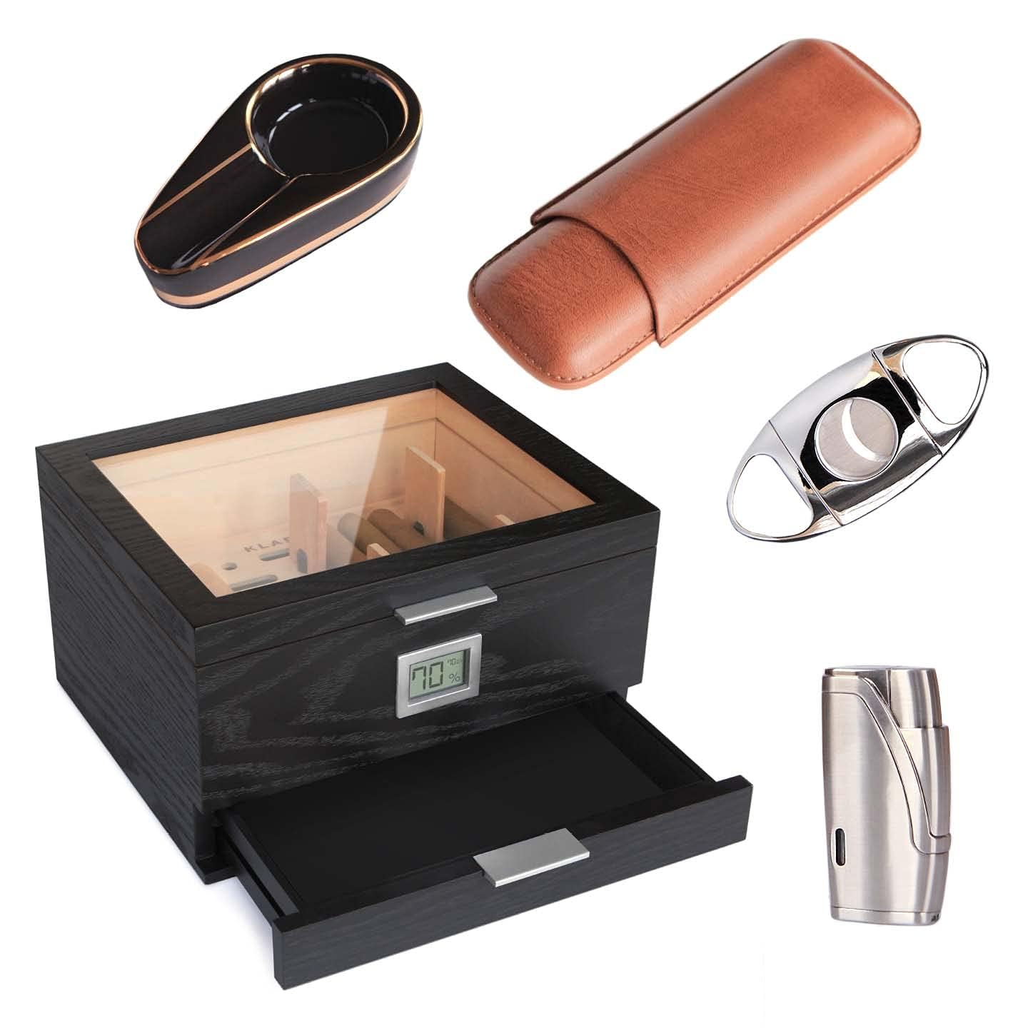 Premium Wooden Cigar Humidor Set with Built-in Lighter, Cutter, Ashtray & Travel Case - Complete Cigar Accessories Kit for Home, Office & Travel by CASE ELEGANCE
