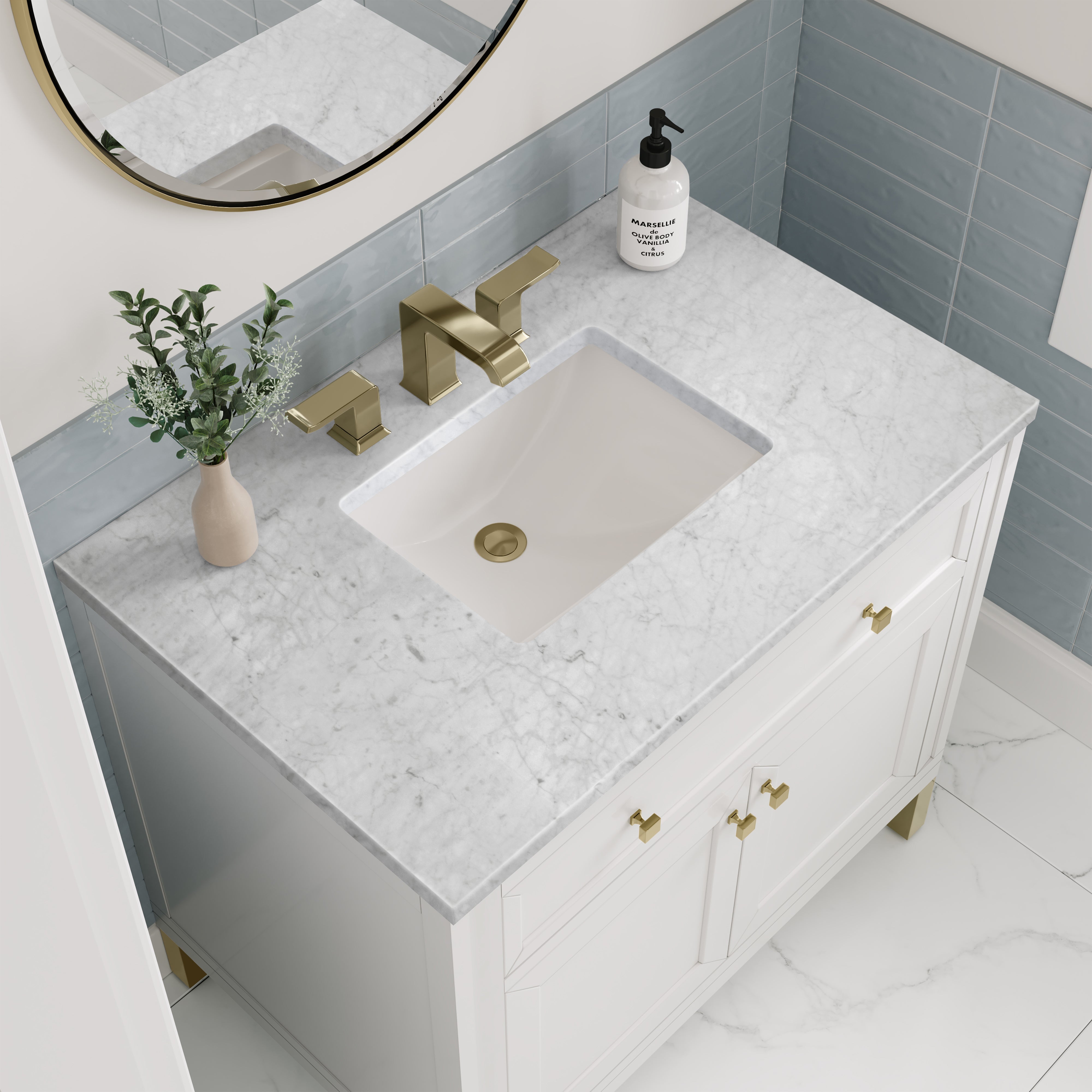 Chicago 36 Inch Single Bathroom Vanity Set with Glossy White Finish & 3CM Carrara Marble Countertop – Perfect for Modern Master Bathrooms & Powder Rooms