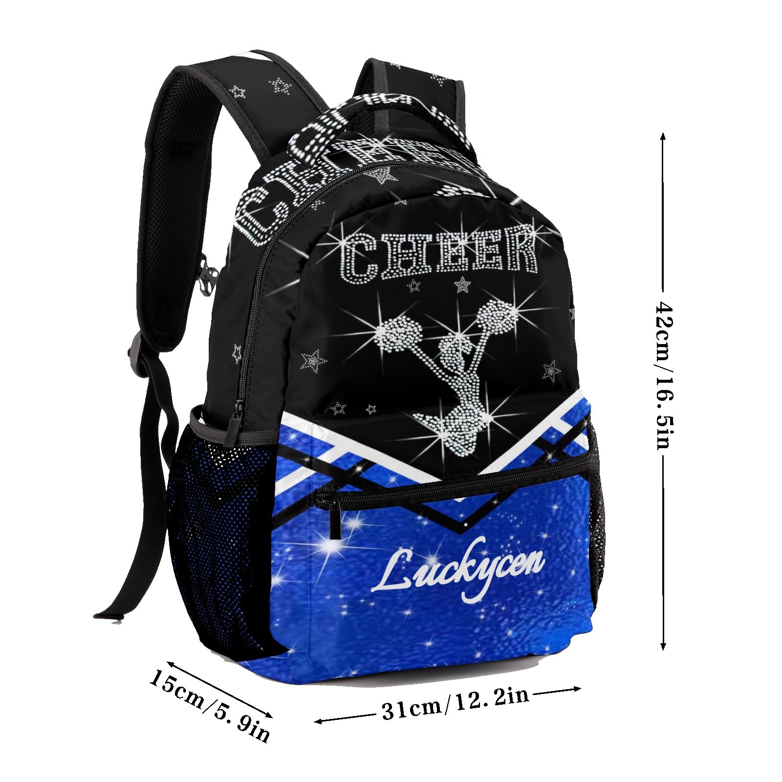 Custom Cheerleading Backpack for Girls - Personalized Name Cheer Bag with Adjustable Straps | Perfect for School, Gym & Cheer Practice (Blue & Black)