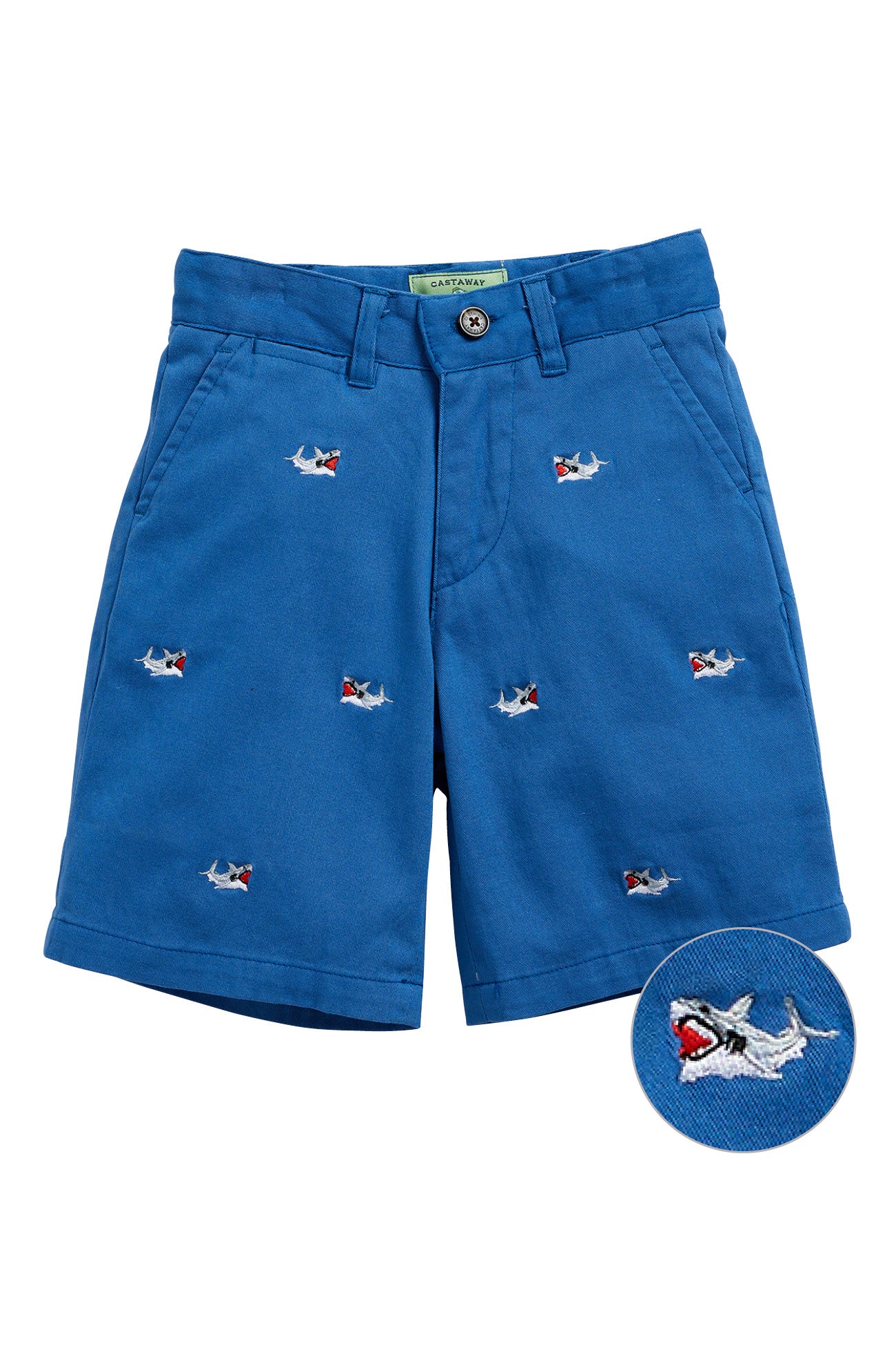 Stretch Twill Jetties Shorts in Deep Ocean Blue with Great White Shark Print - Perfect for Beach, Surfing & Summer Outdoor Activities