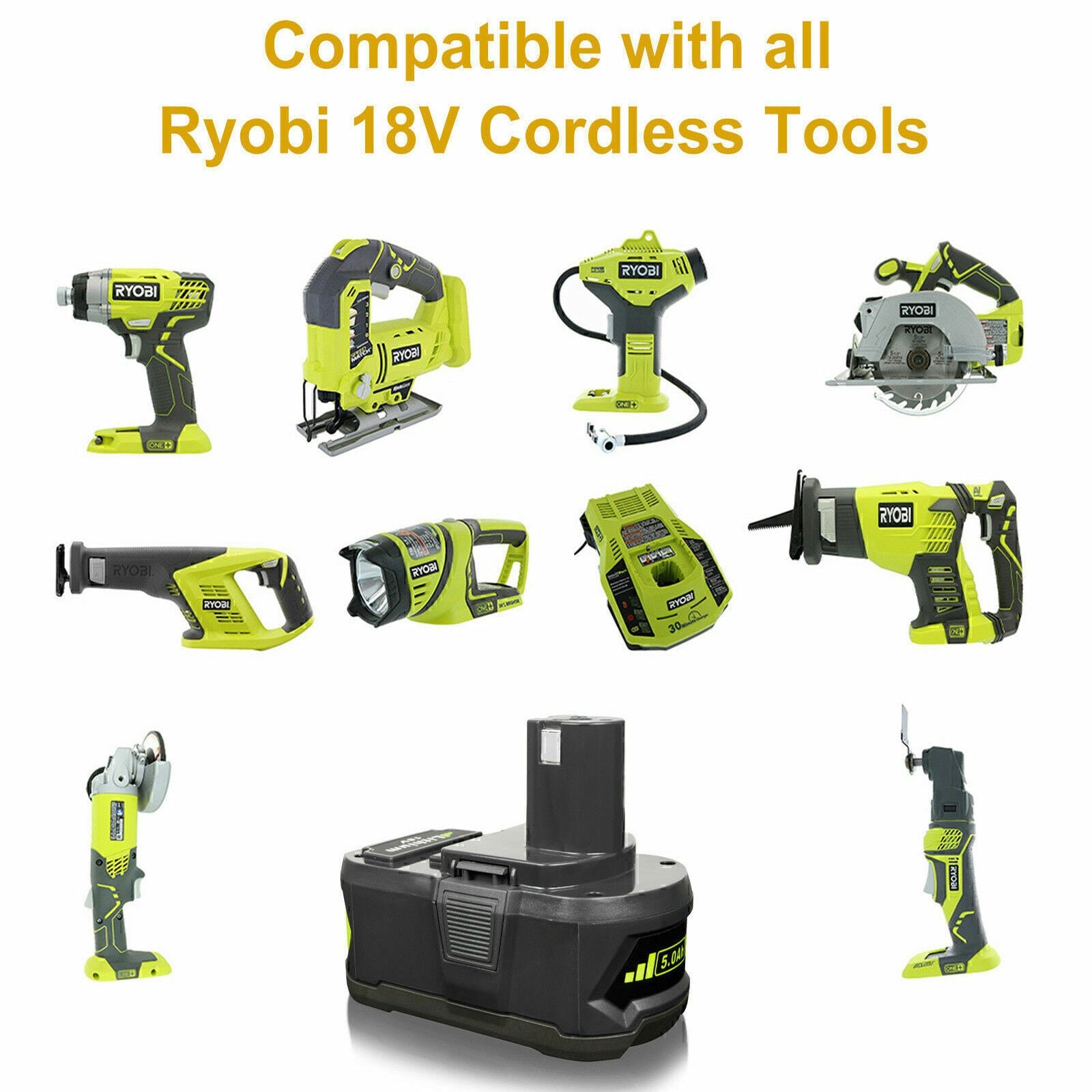 Ryobi P108 18V One+ Plus Replacement Battery - Compatible with Ryobi 18V Power Tools - Perfect for Drills, Saws, and Outdoor Equipment