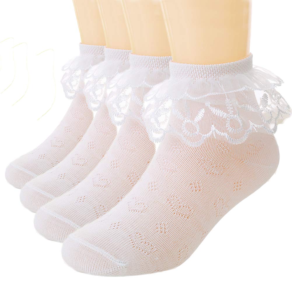 Cute Girls Ankle Socks 4-Pack - Lace Eyelet Frilly Socks with Heart Knit Design for Princess Dress Outfits | Perfect for School, Parties & Everyday Wear