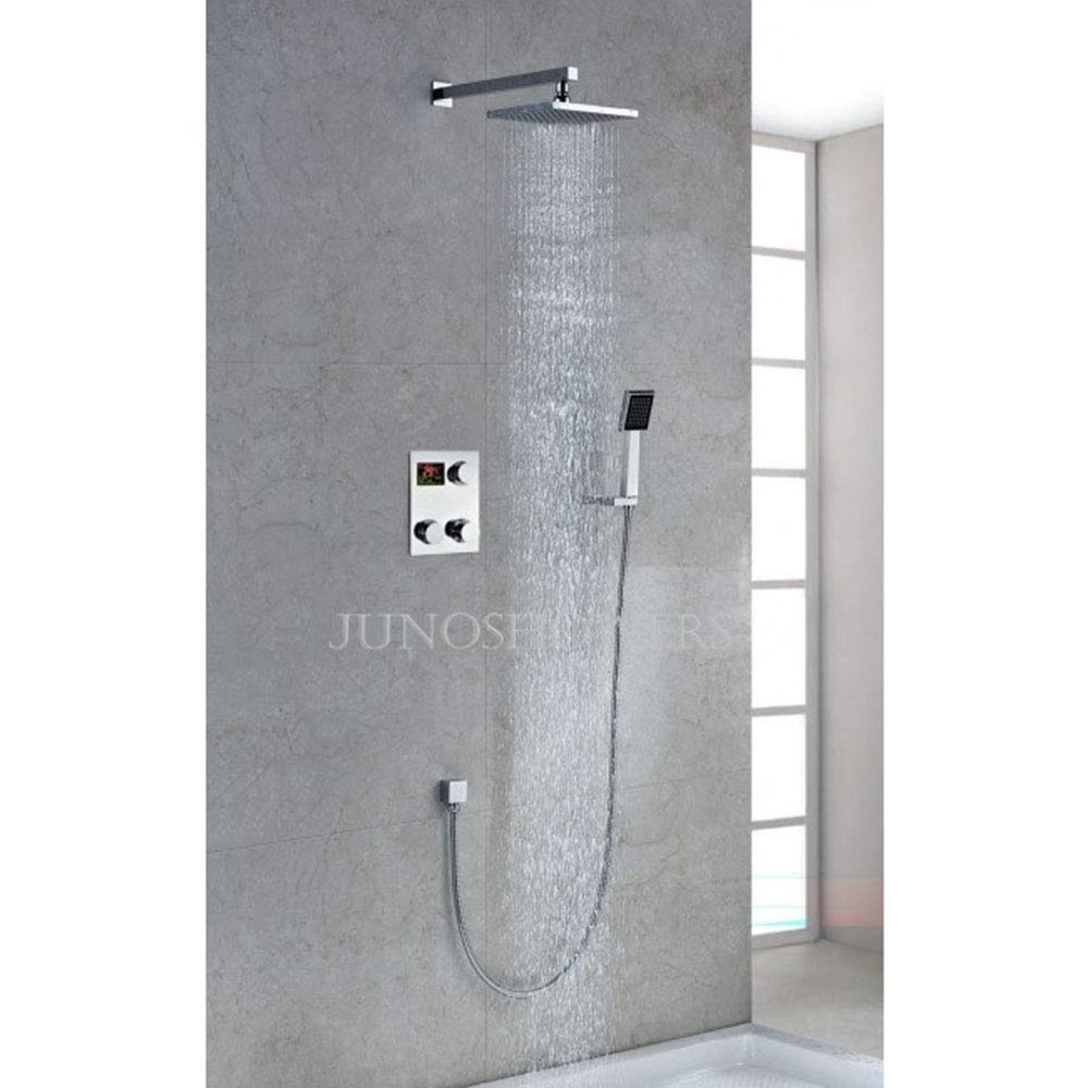 Juno Square Rain Shower Head Set with Handheld Shower & Digital Temperature Display | Wall Mount Shower System | Chrome Plated Brass Body - 5 Year Warranty (10 Inch) | Perfect for Modern Bathrooms & Spa-Like Shower Experience
