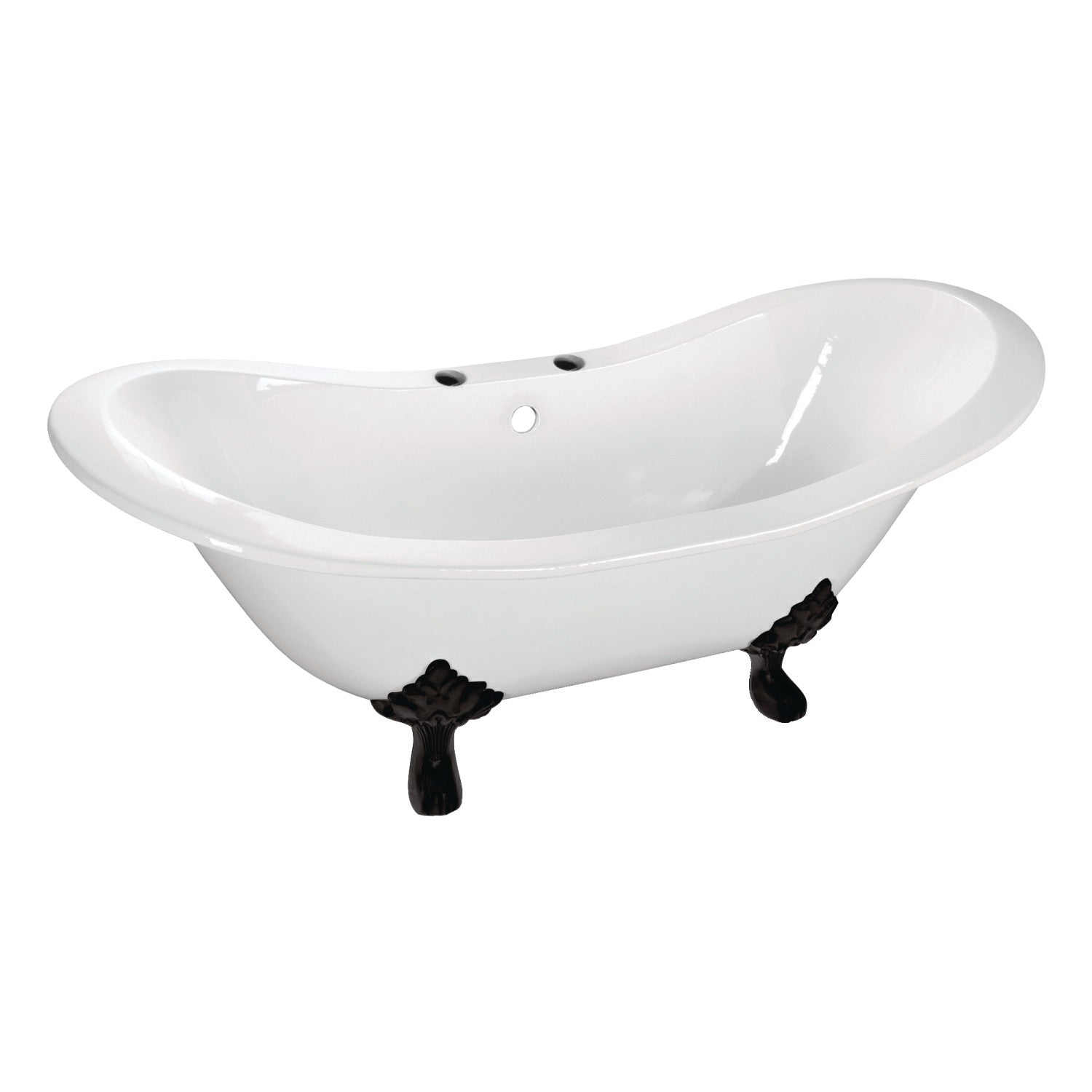 Aqua Eden 72 Inch White Matte Black Cast Iron Oval Double Slipper Clawfoot Bathtub with 7 Inch Faucet Drillings - Vintage Freestanding Soaking Tub for Luxury Bathroom & Spa Relaxation
