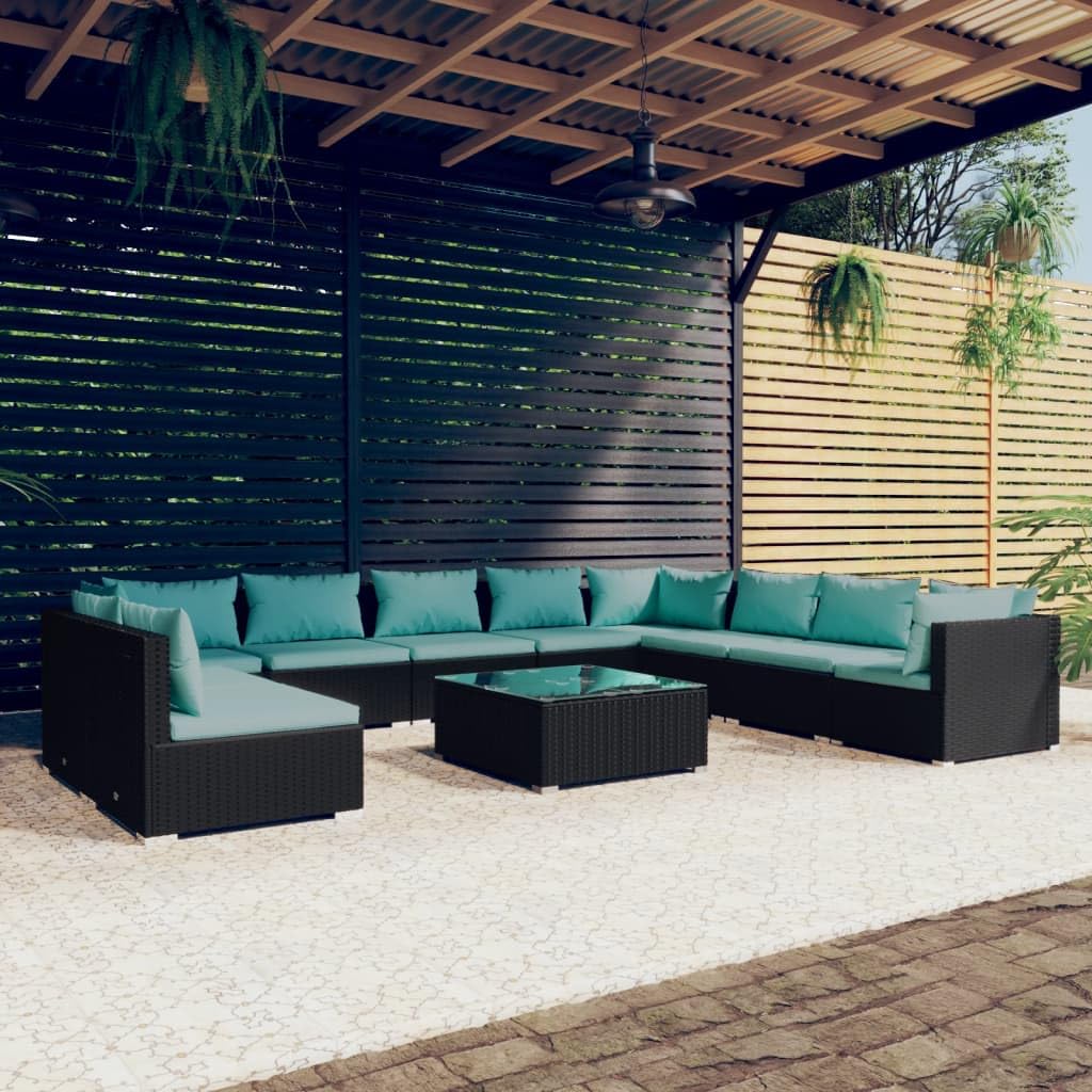 vidaXL 11-Piece Garden Sofa Set - Water-Resistant Poly Rattan Patio Lounge Outdoor Furniture with Cushions in Black & Blue - Perfect for Backyard, Poolside, and Outdoor Relaxation