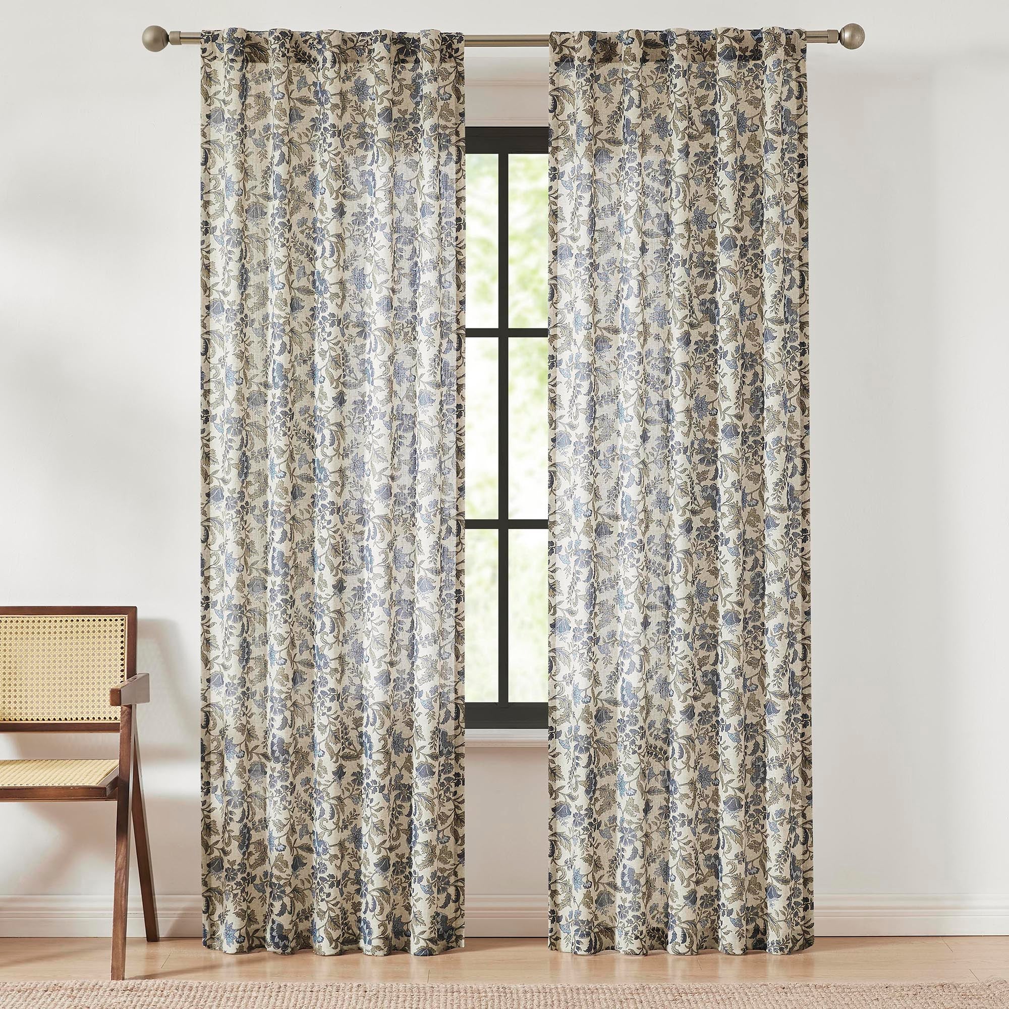 Lillian Block Print Linen Textured Window Curtain Panels - Light Filtering Drapes for Living Room, Bedroom & Kitchen - Elegant Home Decor with Natural Texture