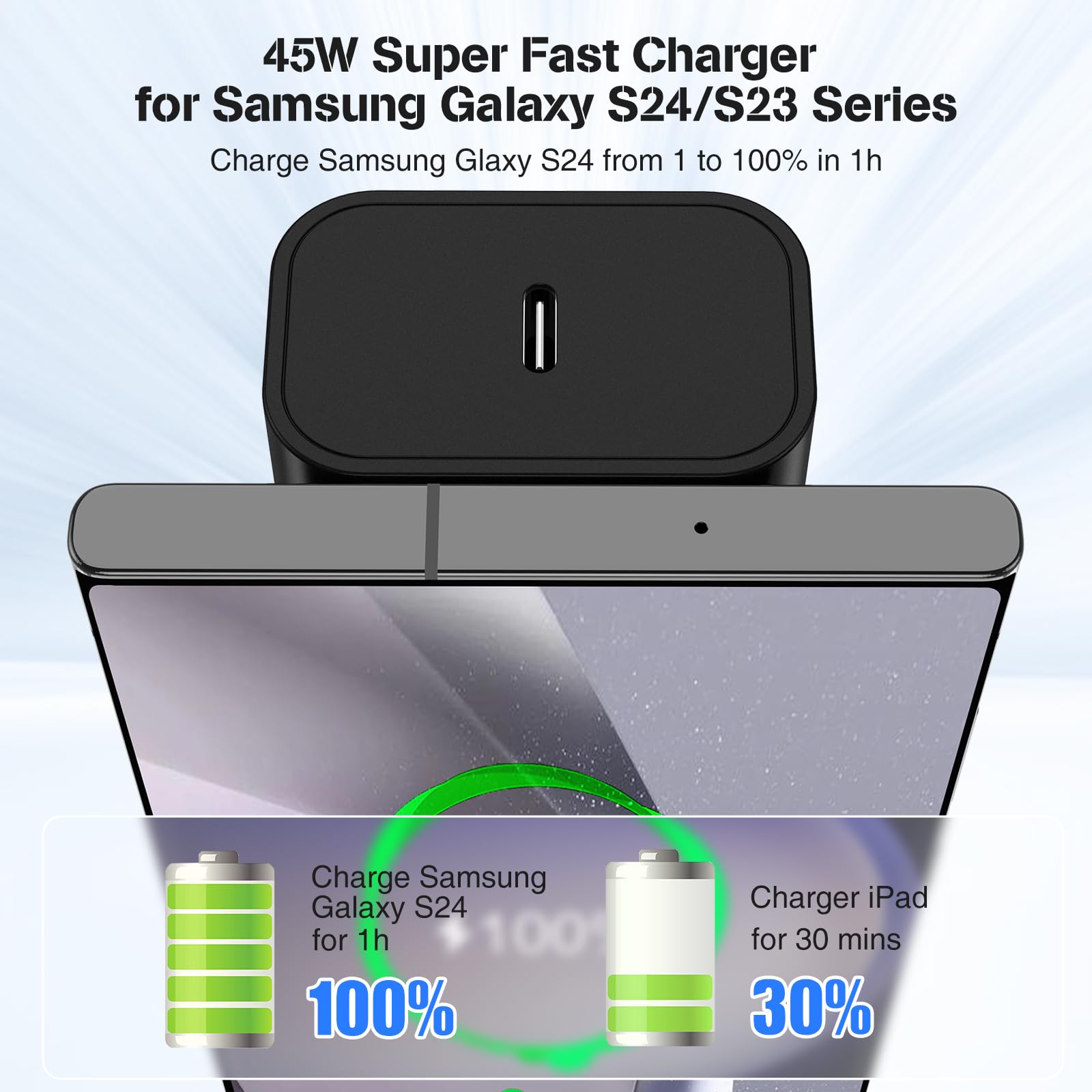 45W USB-C Fast Charger Block & 6+10FT USB-C to USB-C Cable 2-Pack - Compatible with Samsung Galaxy S24 Ultra/S24+/S23/S22/S21 Ultra/Plus, iPad Pro/Air/Mini, Android Phones - Perfect for Home, Office & Travel Charging