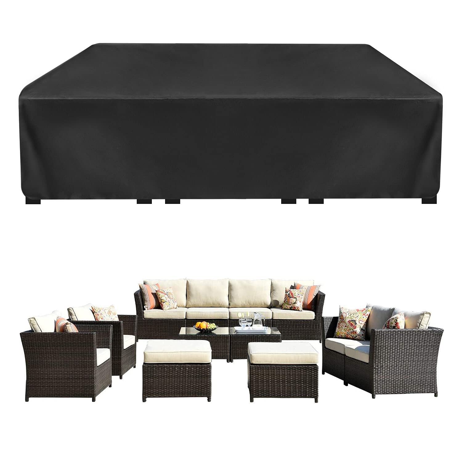 Waterproof Patio Furniture Cover for 12-Seat Table and Chairs Set - 420D Heavy Duty Outdoor Cover with 4 Windproof Buckles (124