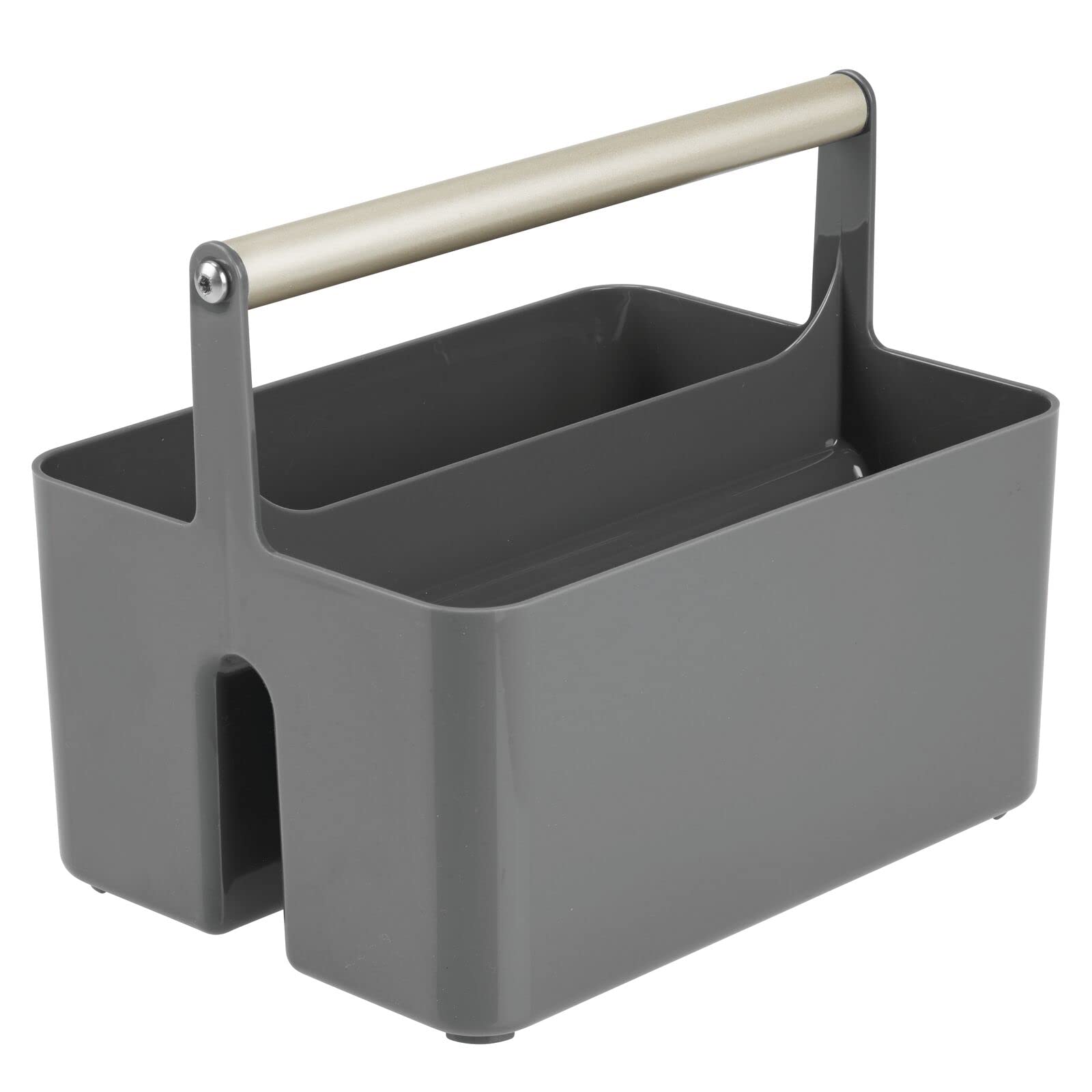 mDesign Plastic Shower Caddy Organizer with Metal Handle - Bathroom Storage Basket for Soap, Shampoo & Conditioner - Dorm & Kitchen Utility Tote - Aura Collection in Dark Gray/Matte Satin - Perfect for Small Space Organization & Bath Essentials Storage