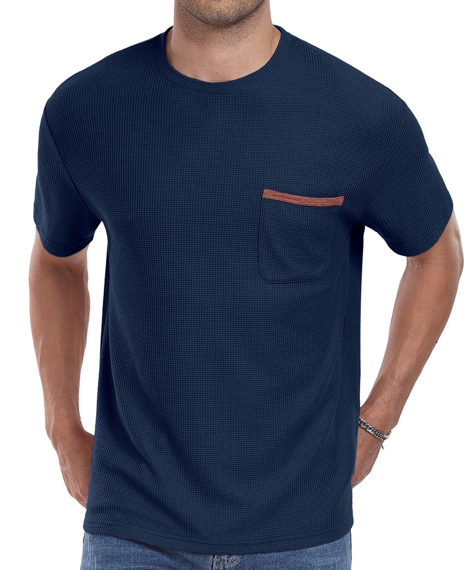 Men's Casual Short Sleeve Crew Neck T-Shirt - Soft Summer Tee with Waffle Texture & Pocket - Perfect for Beach, Travel & Everyday Wear