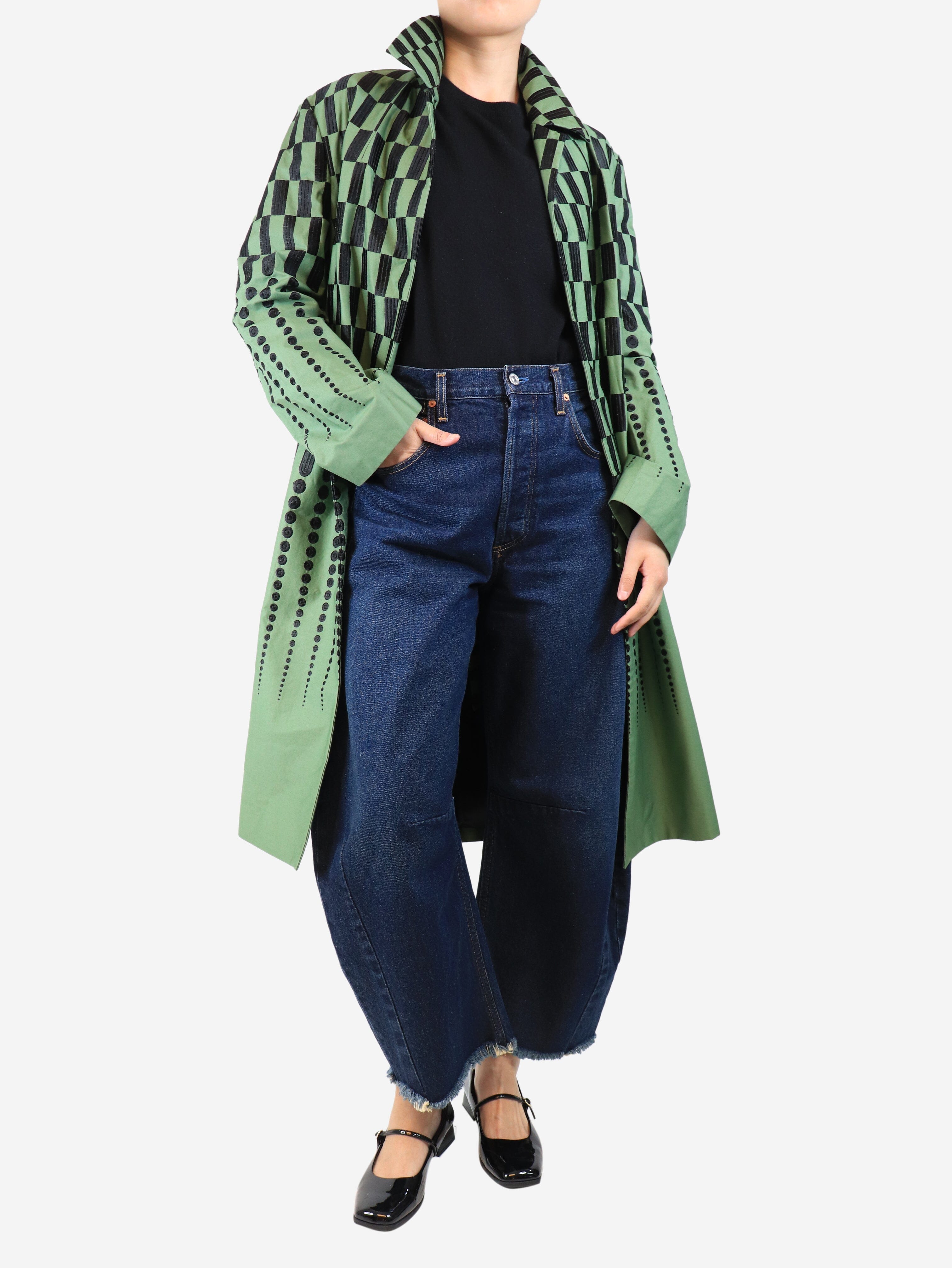 Stylish Green & Black Belted Embroidered Coat - UK Size 14 | Women's Fashion Outerwear for Fall & Winter | Perfect for Office, Parties & Special Occasions
