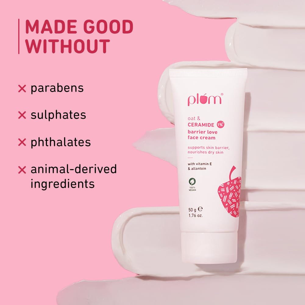 Plum Oat & 1% Ceramide Face Cream for Dry Skin | Barrier Repair Moisturizer with Vitamin E & Allantoin | Strengthens & Hydrates Skin | Unisex Skincare for Women & Men | 50g | Perfect for Night Routine & Winter Care