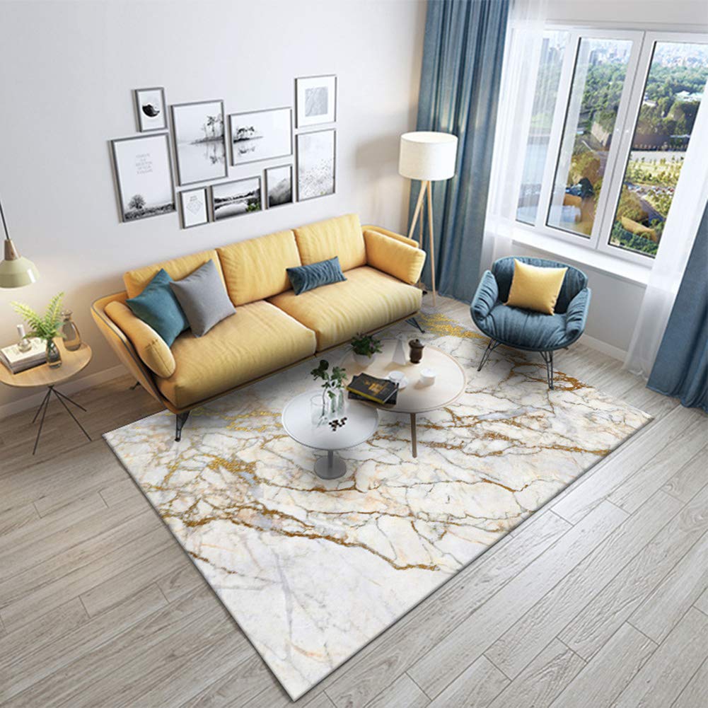 Luxury White Gold Marble Pattern Rug - 160x230cm Soft Non-Slip Carpet for Bedroom, Living Room, Kitchen Floor Decor | Modern European & American Style Home Accent | Perfect for Bedside, Dining Area & High-Traffic Spaces