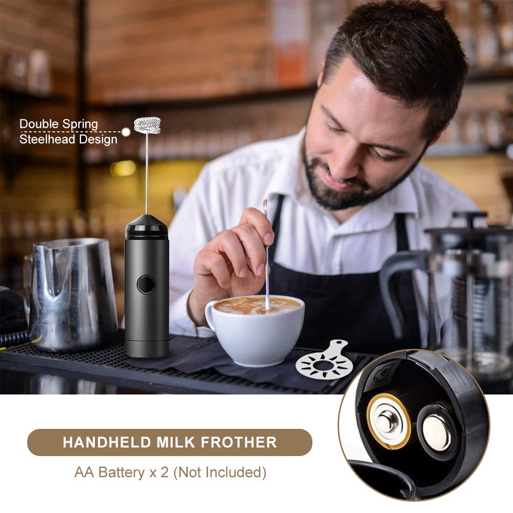 Electric Milk Frother Handheld Coffee Art Kit - Includes Milk Frothing Pitcher, Cocoa Powder Shaker, Latte Art Pen, Coffee Stencils & Spoons for Perfect Cappuccino, Latte & Hot Chocolate at Home or Cafe