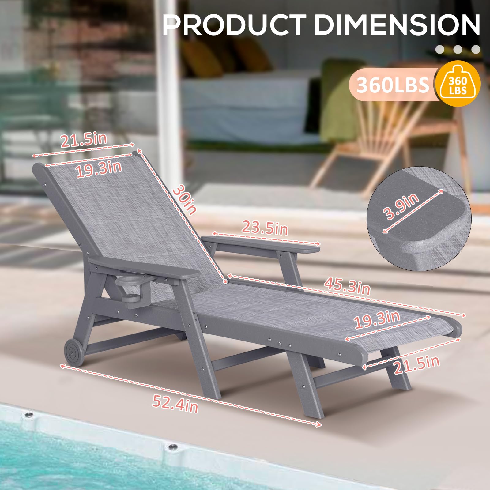 5-Position Adjustable Outdoor Chaise Lounge Chair with Textilene Surface, Wheels & Cup Holder - HDPE Poolside, Beach & Patio Recliner for Relaxing (Grey, 1 Pack) - Perfect for Backyard, Swimming Pool & Seaside Lounging