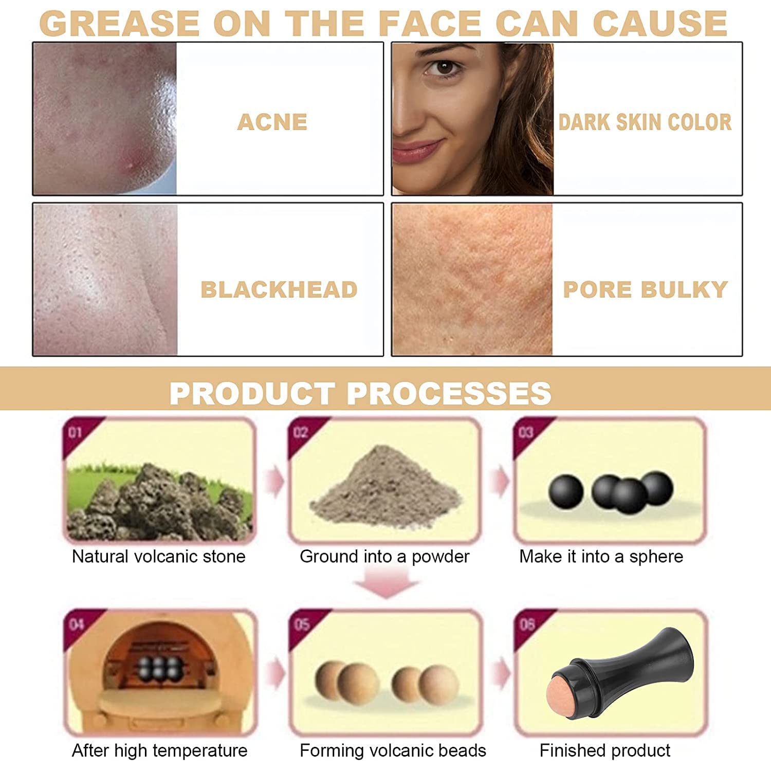 Volcanic Stone Face Roller for Oily Skin - Oil Absorbing Facial Tool with Makeup Sponge | Excess Shine Removal & Oil Control Skincare | Perfect for Daily Makeup Routine & On-the-Go Touch Ups (1 Pack)