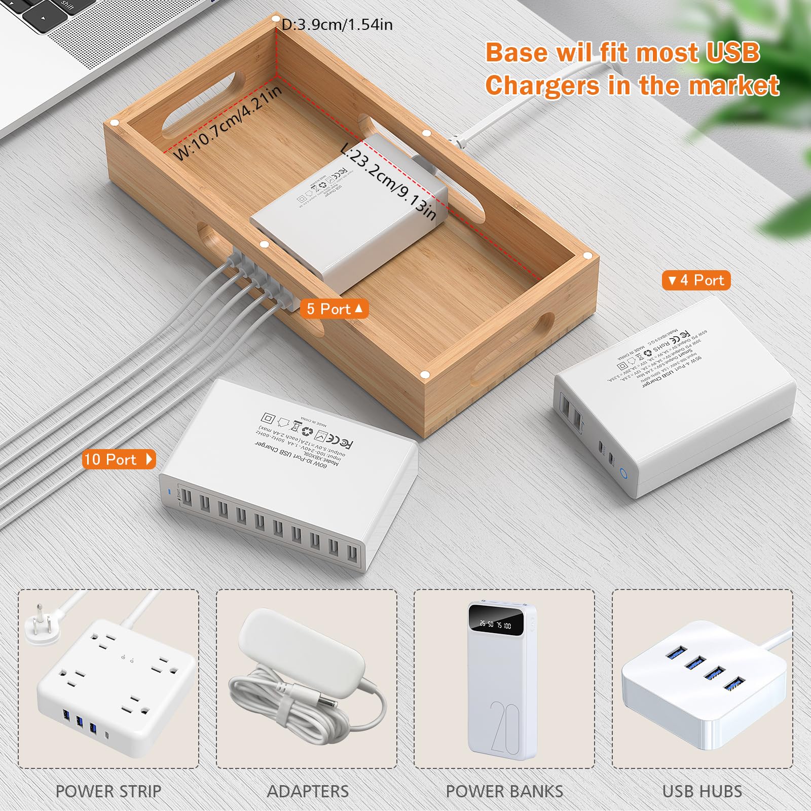Pezin & Hulin 5-Port USB Bamboo Charging Station - Multi-Device Organizer for Phone, Tablet, Laptop & Smartwatch | Compact Wooden Dock Stand for Home, Office & Travel