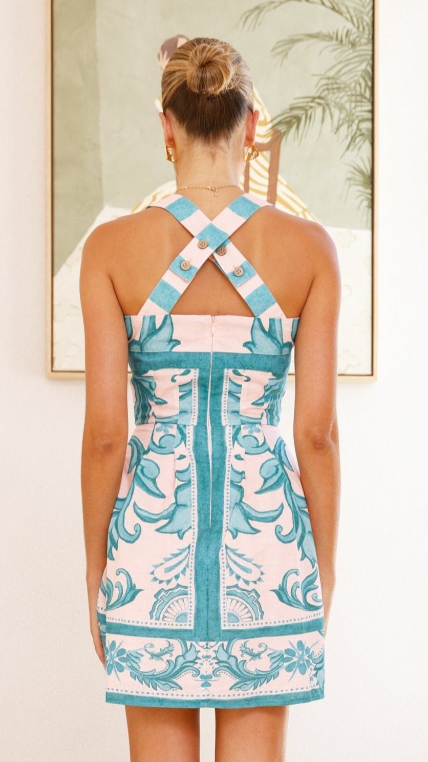 Maegan Mini Dress for Women - Flowy Short Sleeve Summer Dress in Aqua & Pink | Perfect for Beach, Vacation & Casual Outings