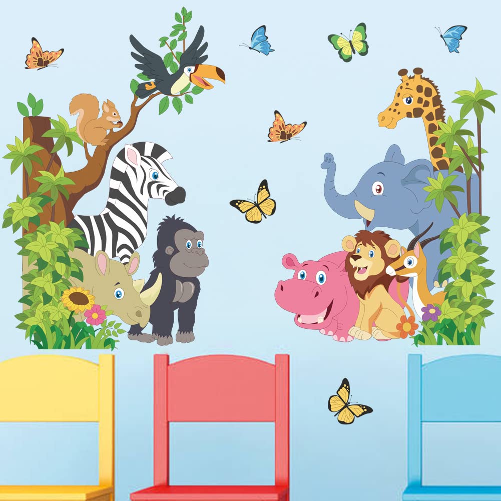Runtoo Jungle Animal Wall Decals - Elephant, Zebra & Tree Stickers for Kids Room, Nursery Decor | Perfect for Girls Bedroom, Baby Room & Playroom Wall Art
