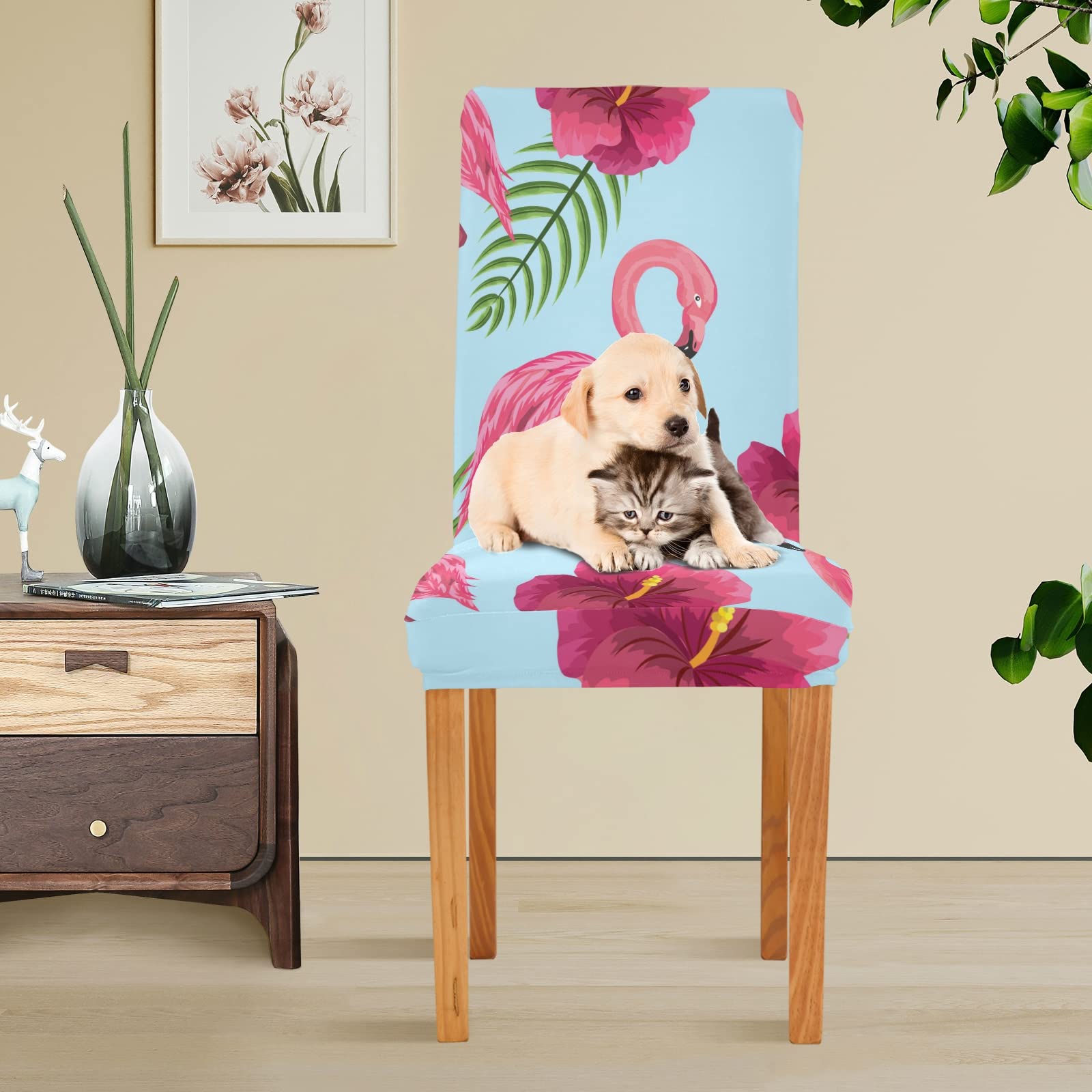 Flamingo Palm Leaves Dining Chair Covers Set of 2 - Washable & Removable Stretch Slipcovers for Dining Chairs - Perfect for Dining Room, Hotel, Wedding, Party & Home Decor