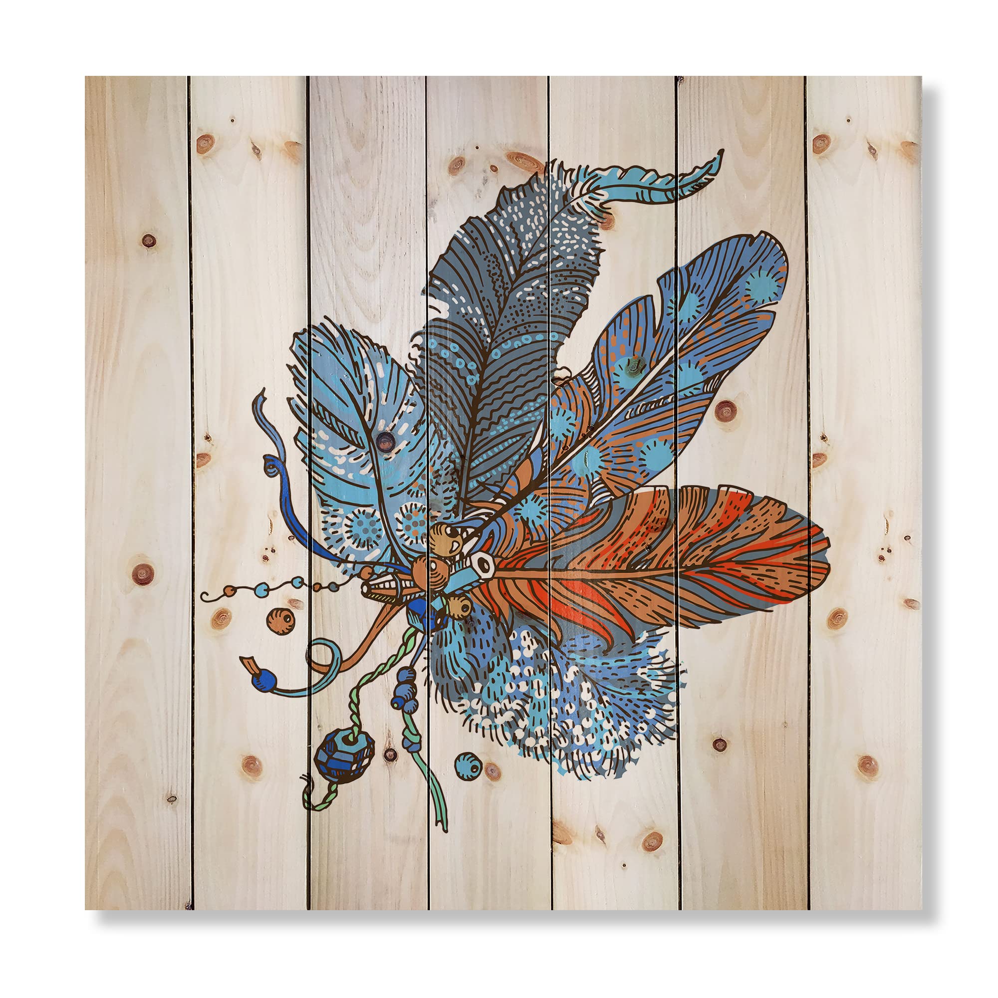Bohemian Wood Wall Decor - Blue Floral Wood Wall Art Panels, Large Ethnic Boho Style Design Printed on Natural Pine Wood | Perfect for Living Room, Bedroom & Home Office Decor