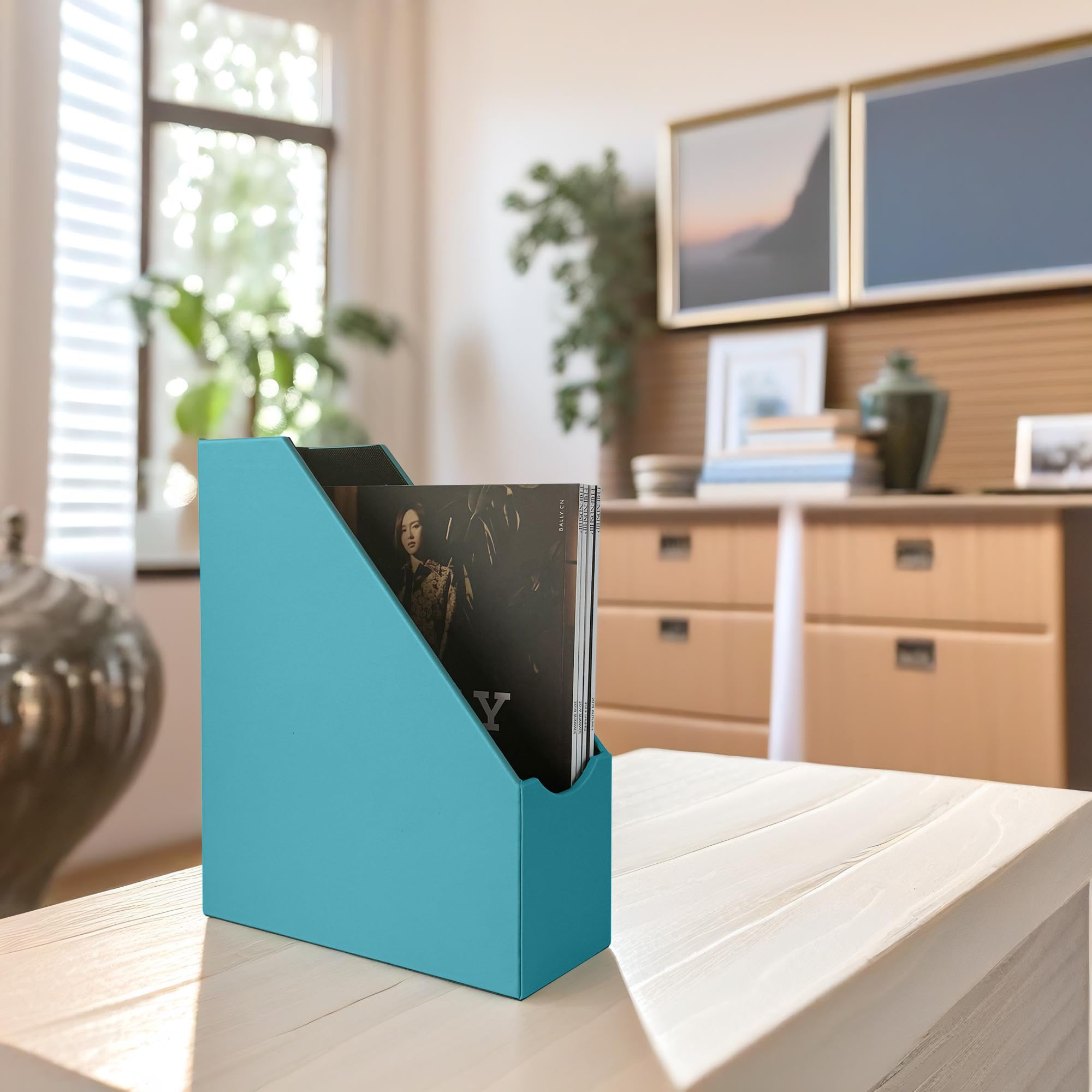 UnionBasic Leatherette Magazine File Holder - Peacock Blue Desktop Document Organizer for Home Office | Paper Storage, Literature Sorter | Perfect for Office Organization, School Supplies & Home Filing Systems