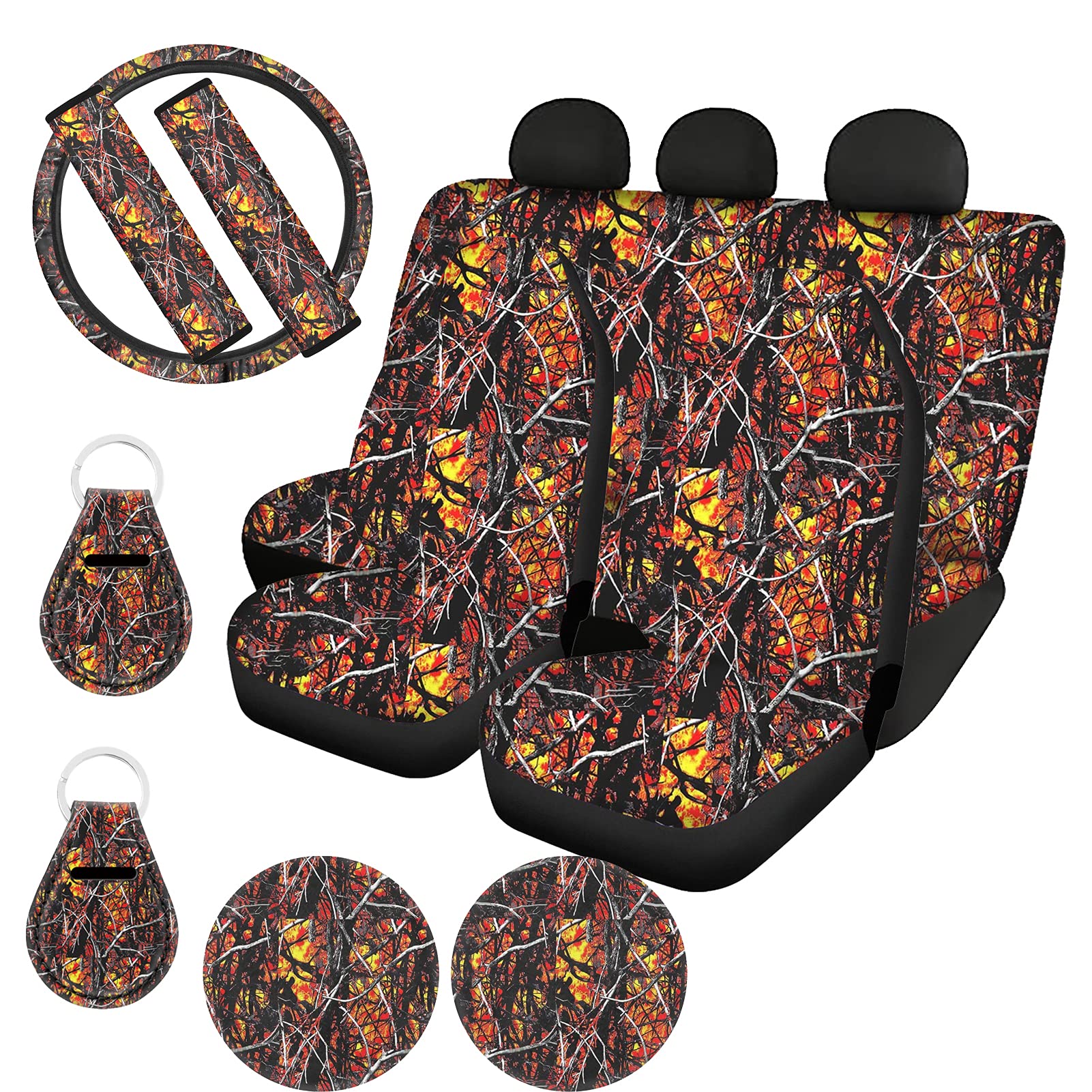 **Premium Camo Forest Car Accessories for Women - Universal Car Seat Covers, Steering Wheel Covers & Seat Belt Covers - Keychain & Cup Coasters - Perfect for Trucks, SUVs & Everyday Commute**