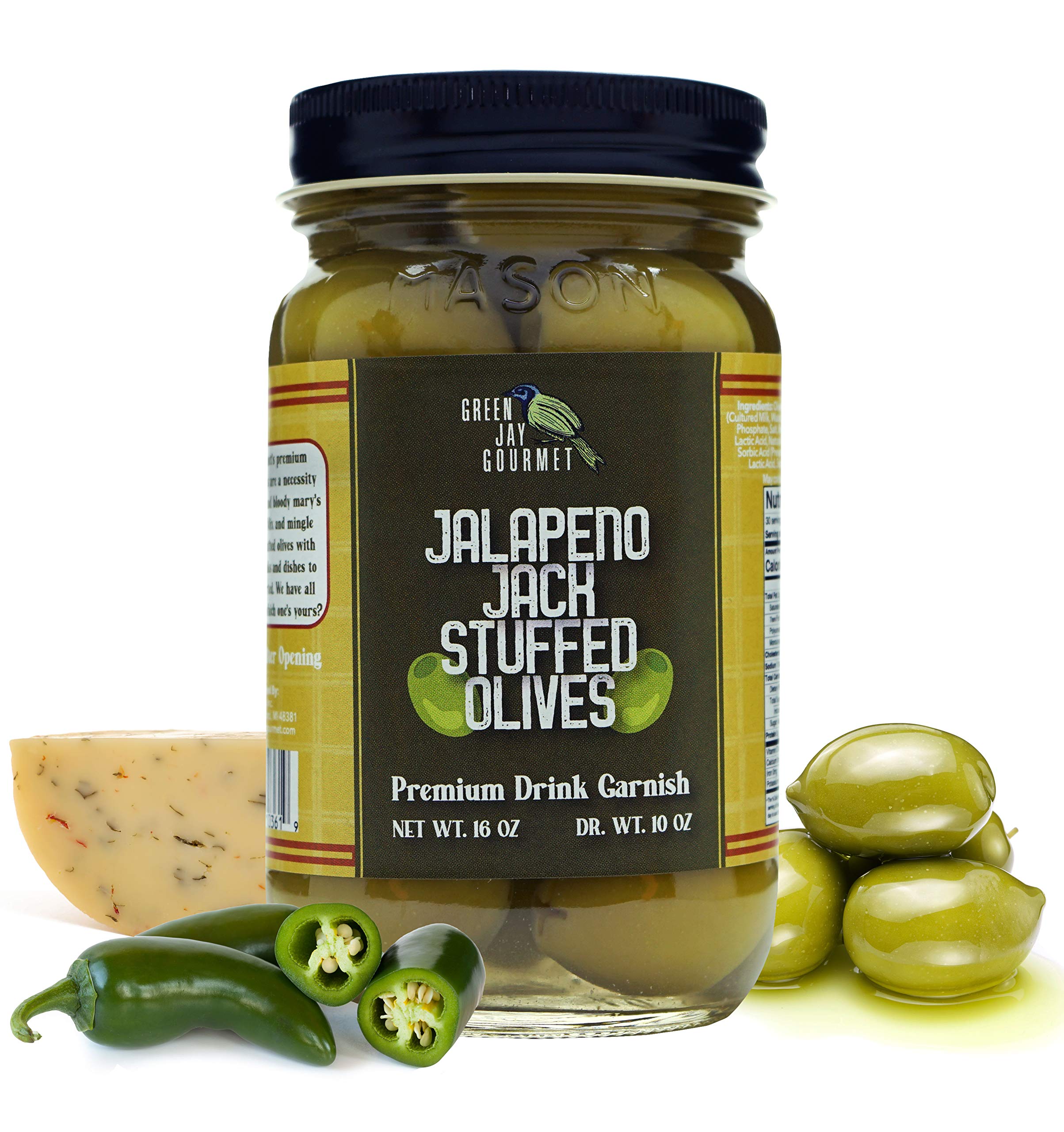 Premium Green Jay Gourmet Jalapeño Jack Cheese Stuffed Olives - All Natural Large Pitted Olives (16oz) for Dirty Martinis, Charcuterie Boards & Cocktail Garnish - Perfect for Parties, Gifts & Gourmet Snacking