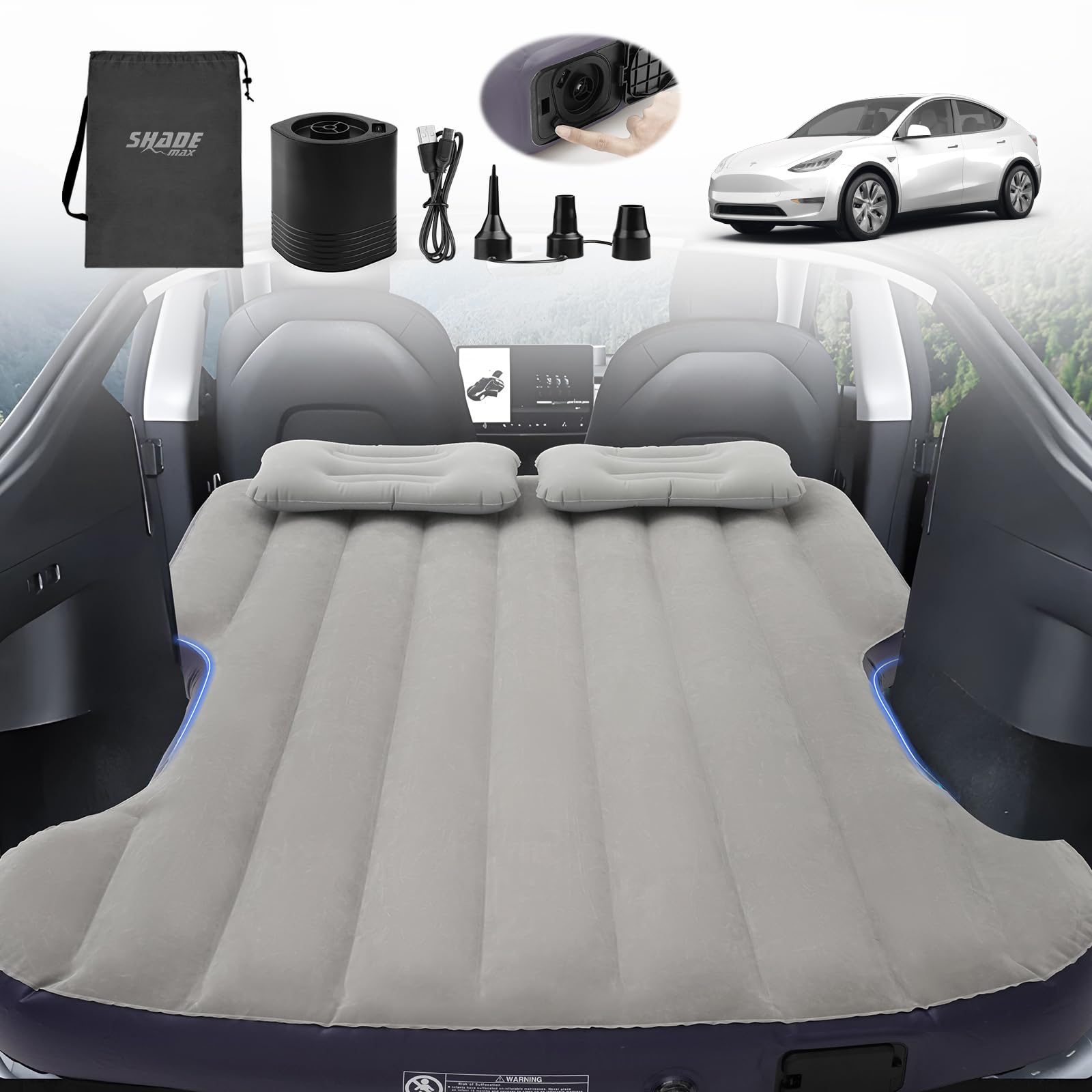 Tesla Model Y Air Mattress 2020-2025 - Self-Inflating Camping Bed with Built-in Pump, Portable Flocking Surface Air Couch for Outdoor Travel & Car Camping Accessories (Beige & Blue) - Perfect for Road Trips, Camping Adventures & Tesla Sleepovers