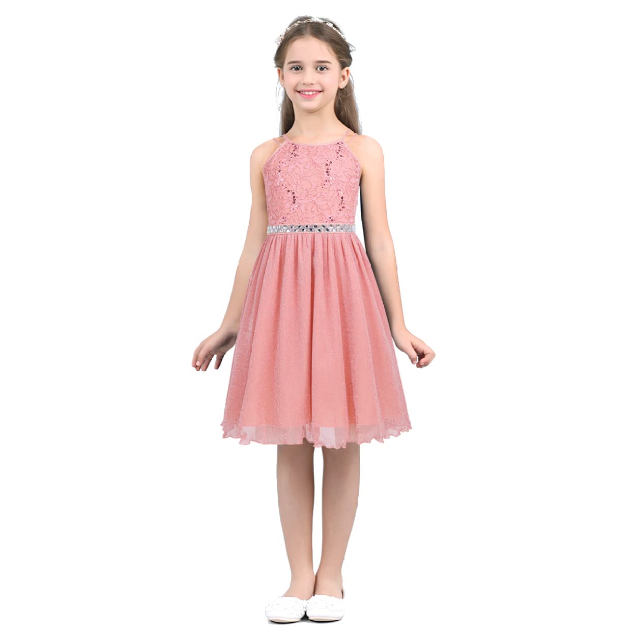 Sparkly Girls Halter Sequins Lace Chiffon Flower Dress for Junior Wedding, Bridesmaid & Prom Party | Perfect for Formal Events, Birthday Celebrations & Special Occasions