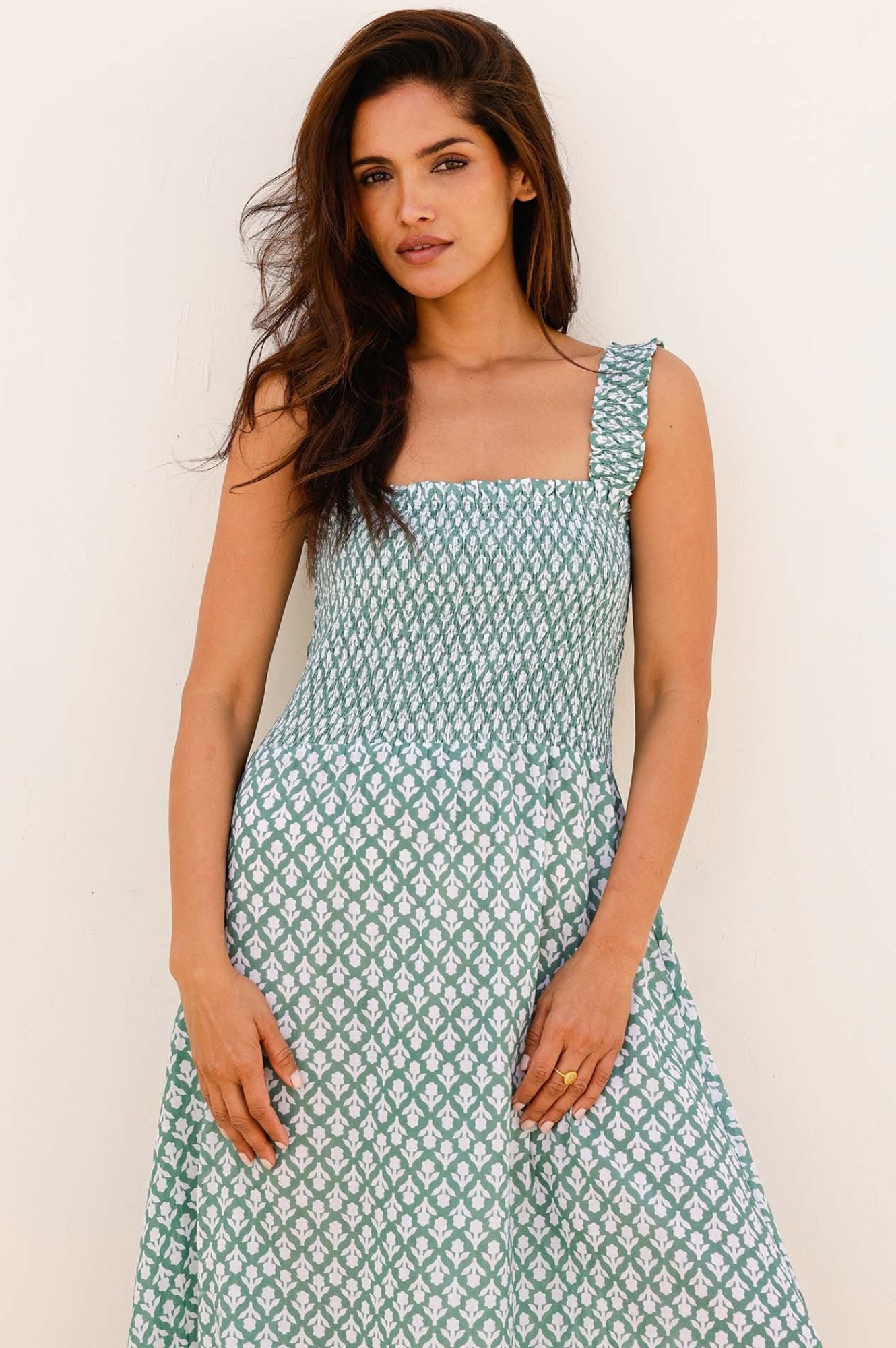 Rhianna Organic Cotton Dress - Eco-Friendly Women's Summer Dress in Sage Green & White | Perfect for Casual Outings, Beach Wear, and Boho Fashion