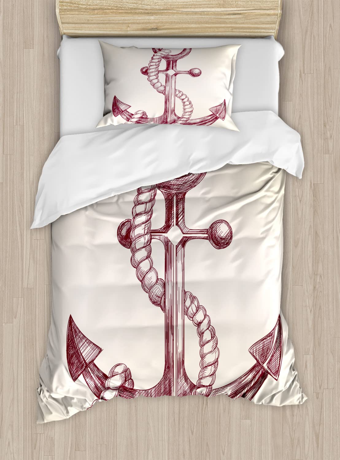 Ambesonne Anchor Duvet Cover Set - Queen Size 2-Pack with 4 Pillowcases | Realistic Hand-Drawn Vintage Marine Design in Dark Mauve & Cream | Perfect for Nautical Themed Bedrooms, Cruise Ship Cabins & Coastal Home Decor