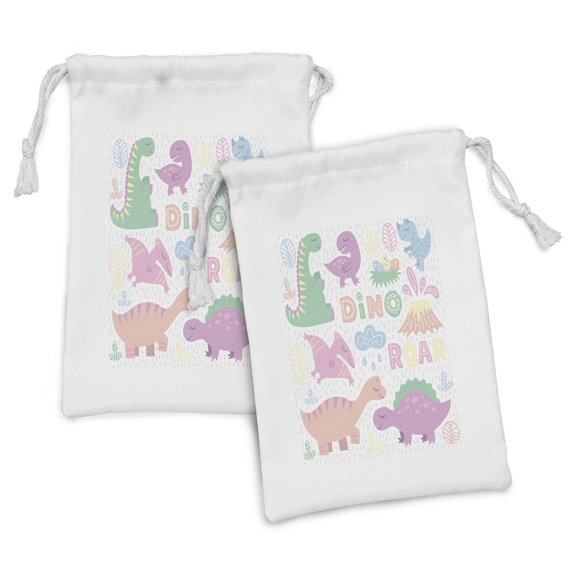 Ambesonne Dinosaur Fabric Pouch Set of 2 - Pastel Dinosaur Family Cartoon Drawstring Bags for Toiletries, Makeup, Travel Accessories & Party Favors (9