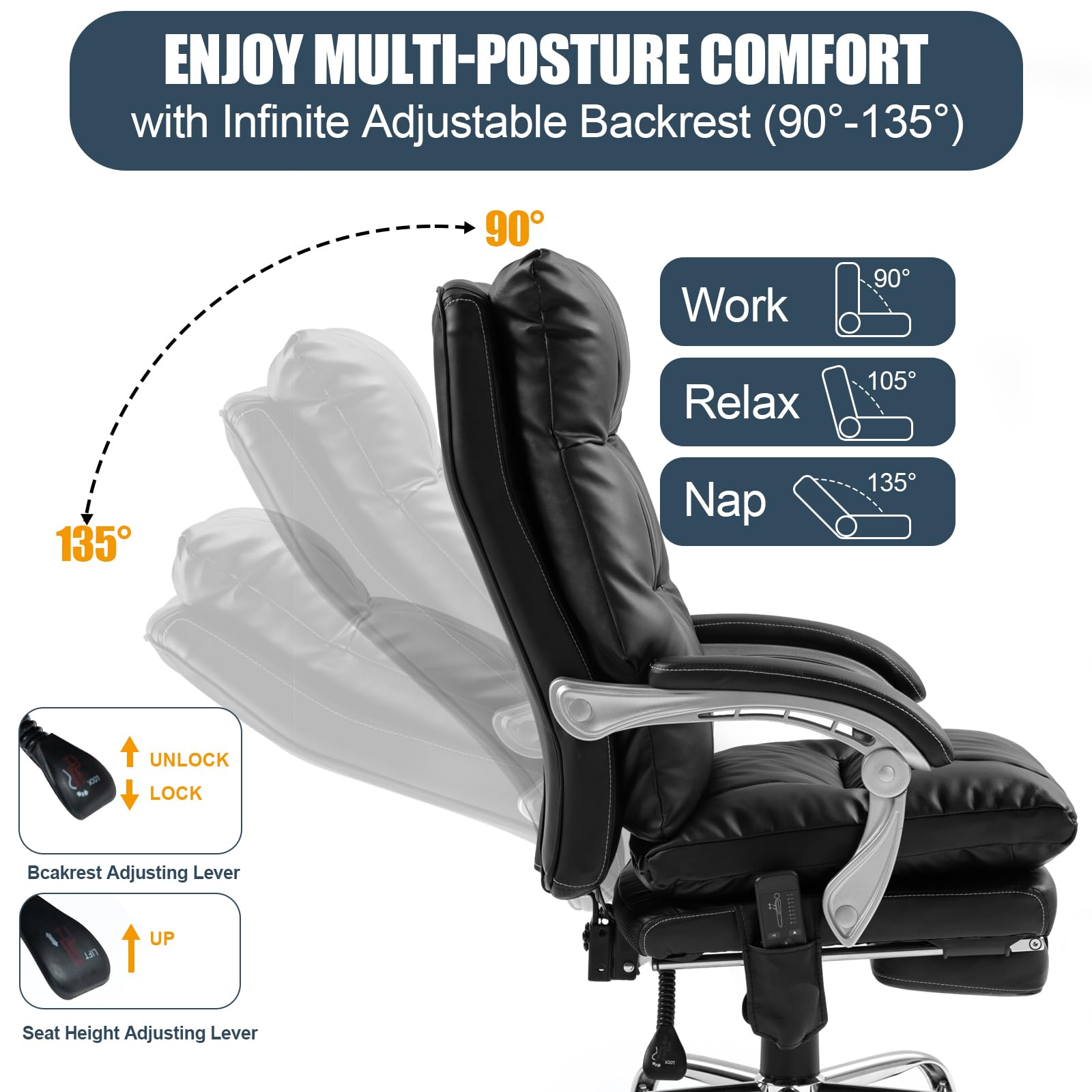 400lbs Big and Tall High Back Executive Leather Office Chair - Ergonomic Reclining Computer Desk Chair with Footrest | Heavy Duty Comfort for Home & Office Workspace (Black)