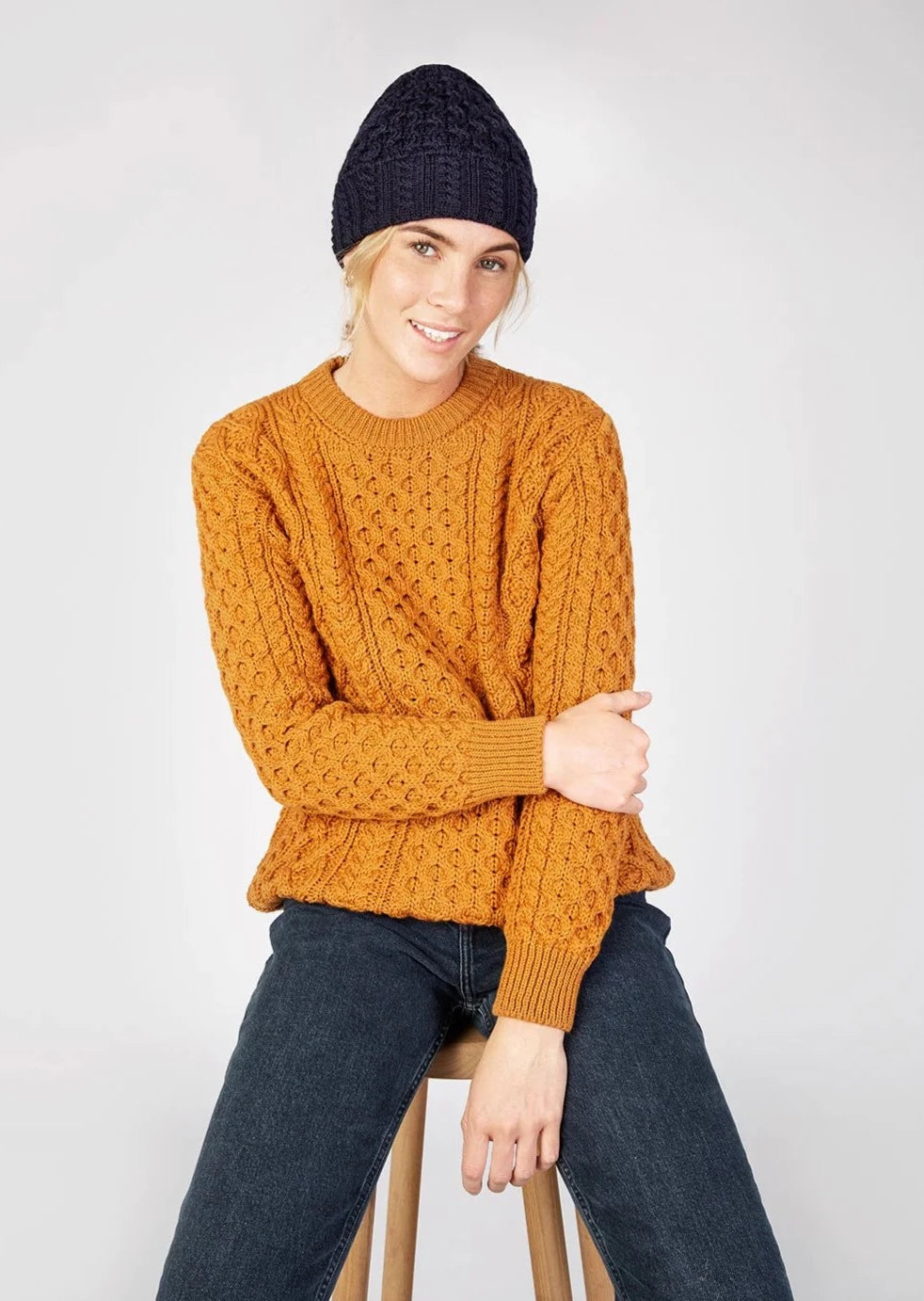 Authentic Ireland's Eye Aran Knit Hat in Navy Blue - Warm Wool Beanie for Winter Outdoor Activities, Hiking & Travel