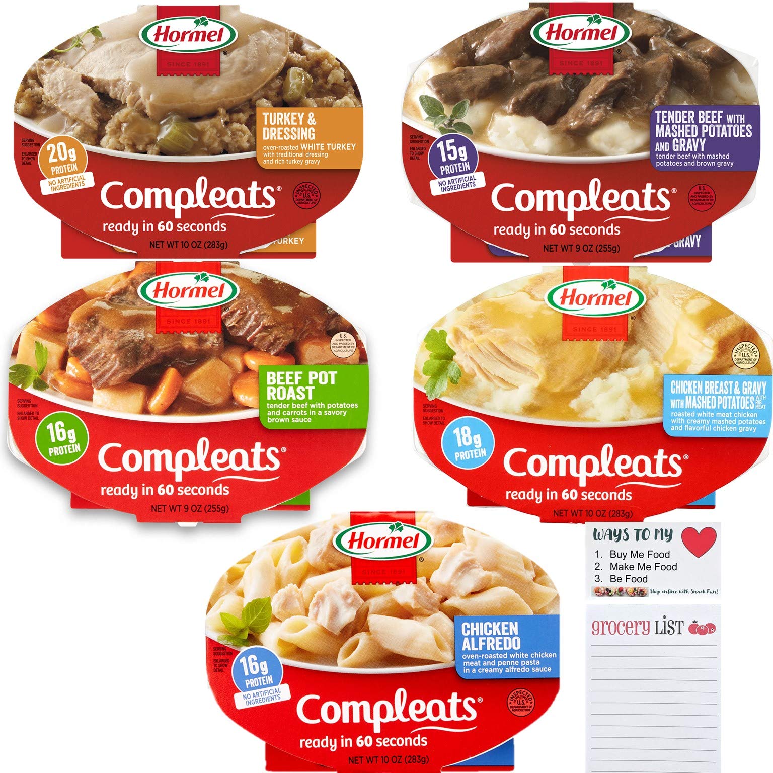 Snack Fun 5-Pack Microwavable Ready-to-Eat Meals Variety Bundle - 60 Second Quick Meals with Free Grocery Shopping List Notepad - Perfect for Office Lunches, College Dorm Meals & Emergency Food Supply